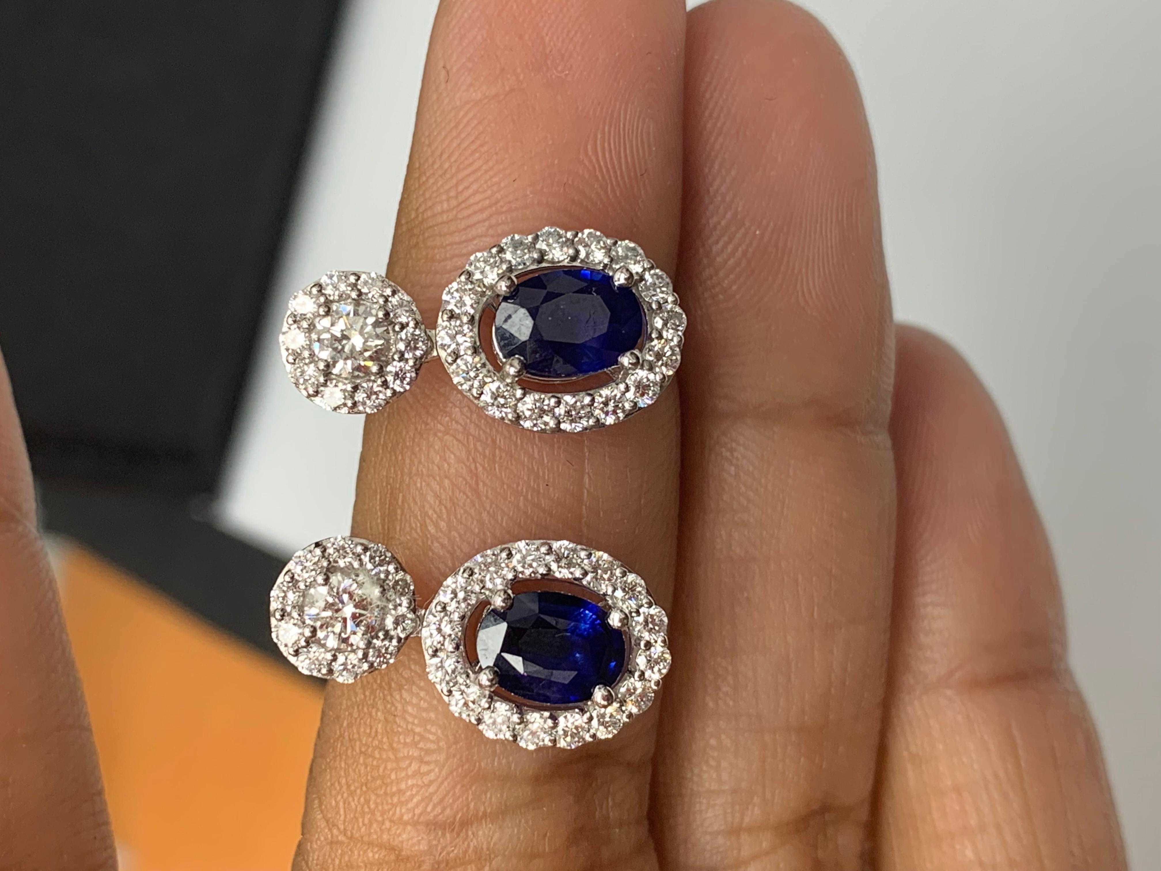 Contemporary 2.01 Carat of Oval cut Sapphires and Diamond Drop Earrings in 18K White Gold For Sale
