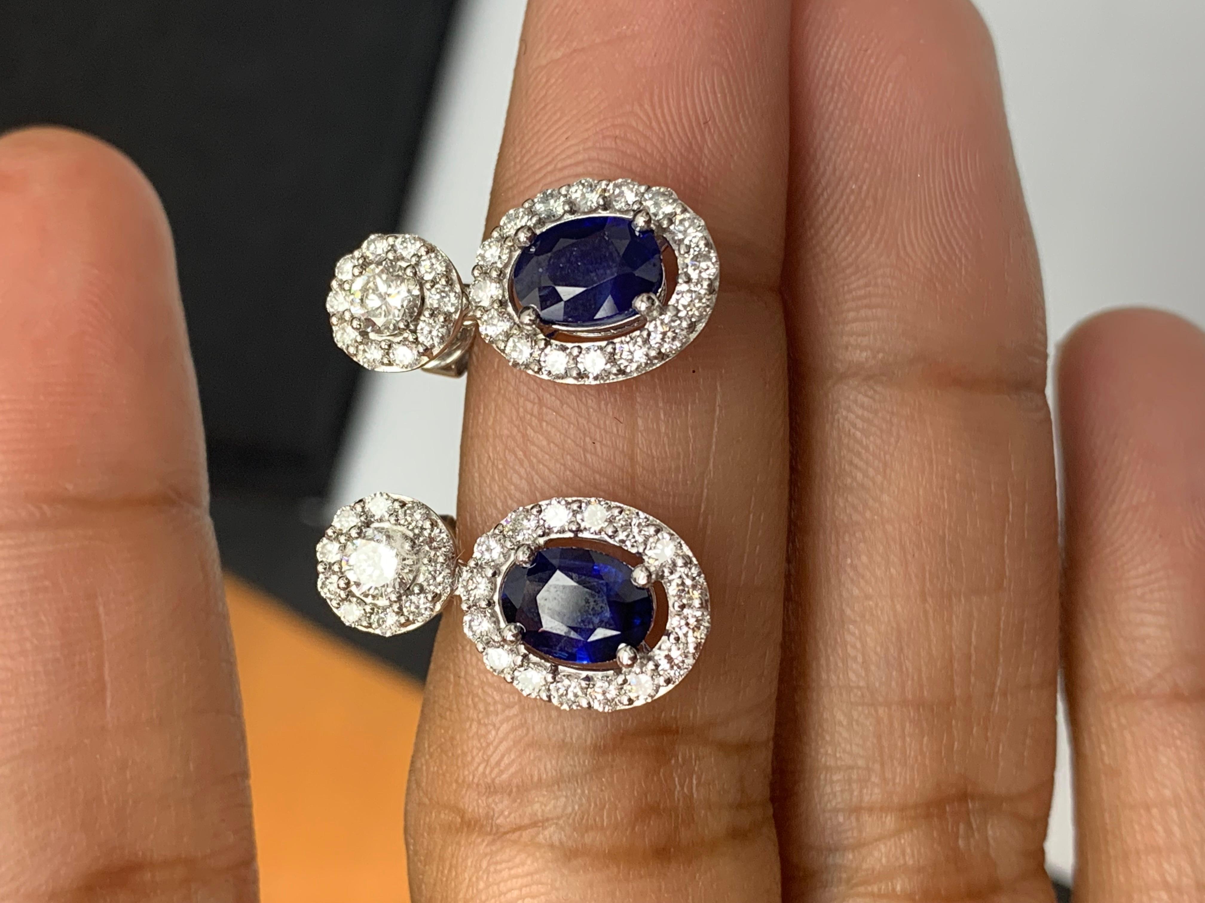 Oval Cut 2.01 Carat of Oval cut Sapphires and Diamond Drop Earrings in 18K White Gold For Sale