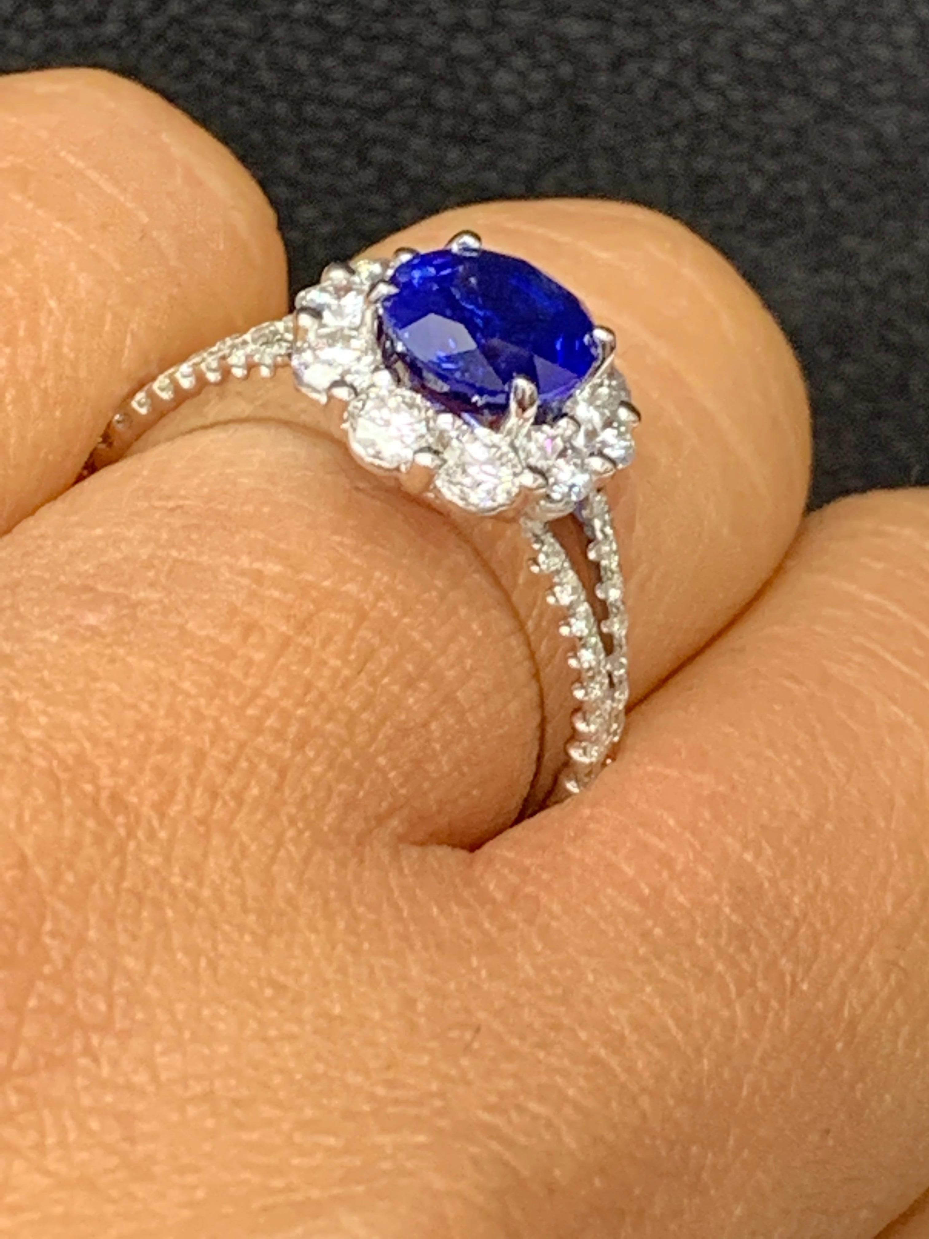 2.01 Carat Oval Shape Blue Sapphire and Diamond Flower Ring in 18K White Gold For Sale 2