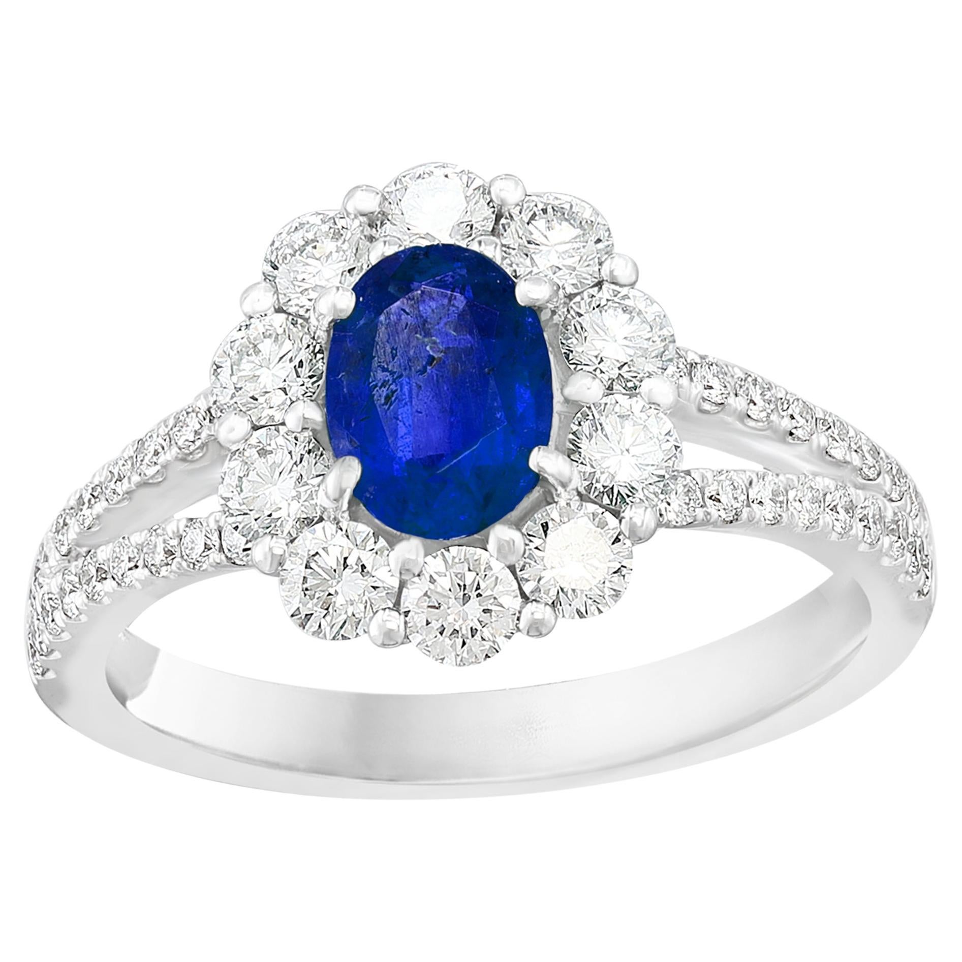 2.01 Carat Oval Shape Blue Sapphire and Diamond Flower Ring in 18K White Gold