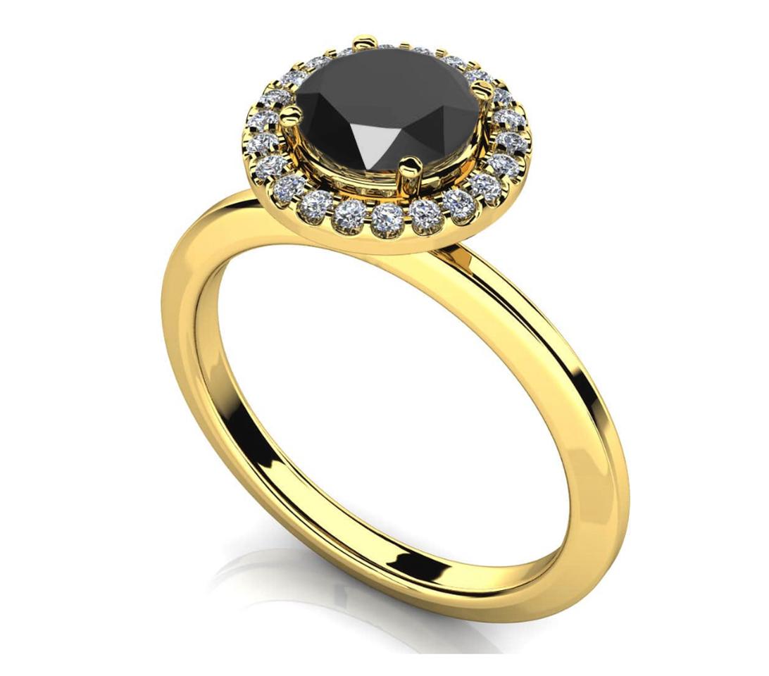 Finely crafted and custom made in brightly polished 14K Yellow Gold, this spectacular engagement ring features a fine black diamond which measures 7.10 x 7.20 x 5.60 mm and weighs 2.01 carats. This center stone is accented by approximately 0.27