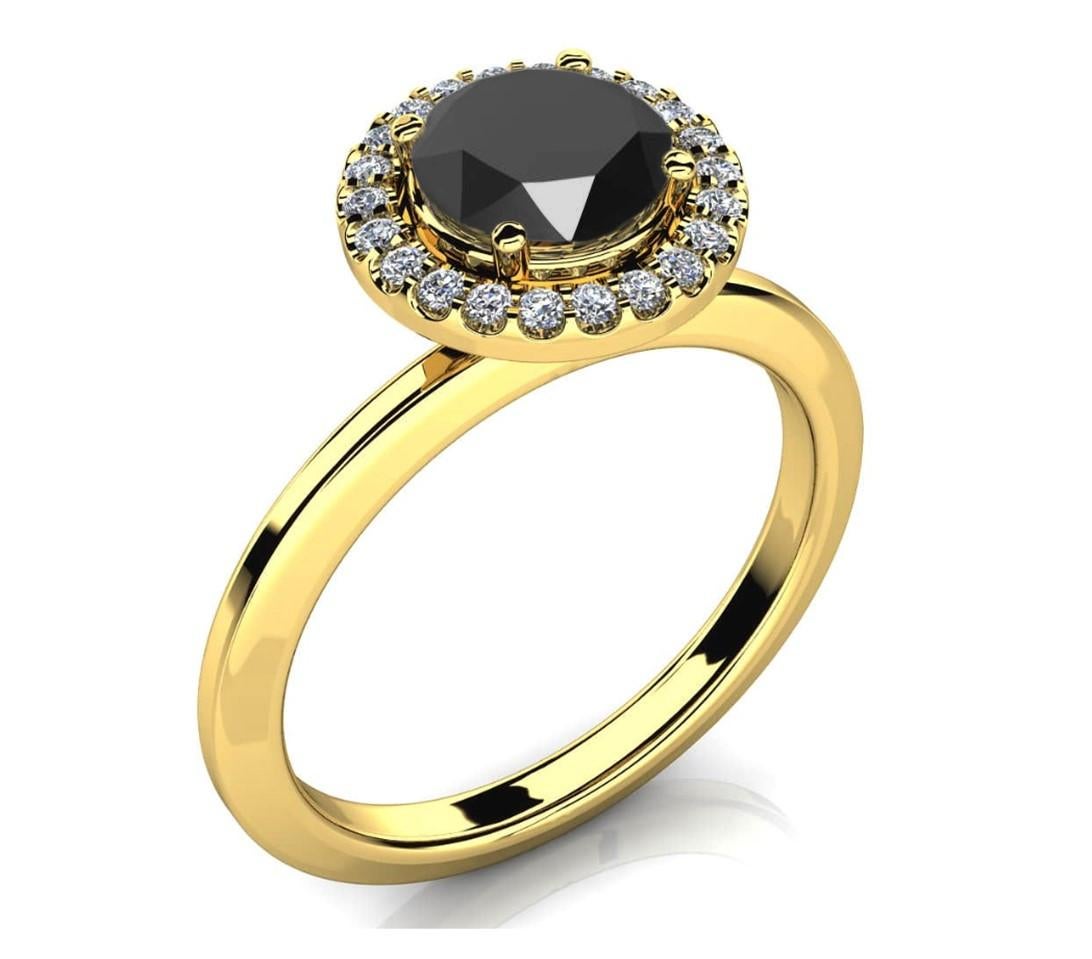 Contemporary 2.01 Carat Round Black Diamond Halo Cocktail Ring in 14K Yellow Gold