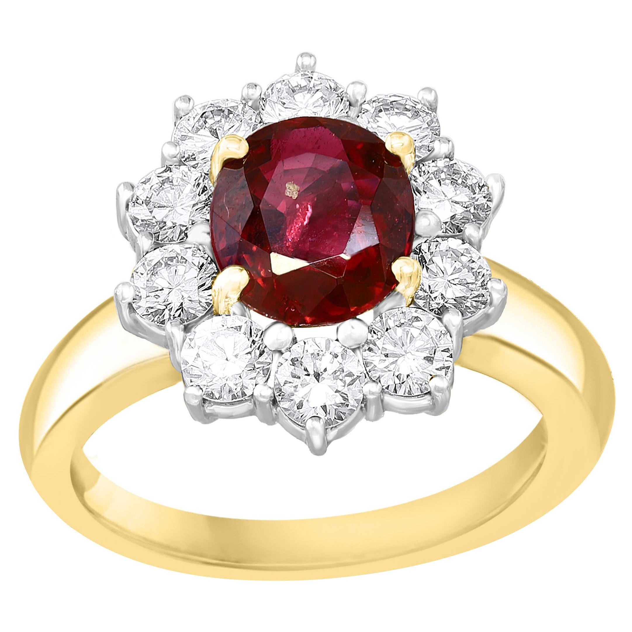Anello di moda con rubino e diamante taglio brillante rotondo da 2,01 carati in oro misto 18 carati