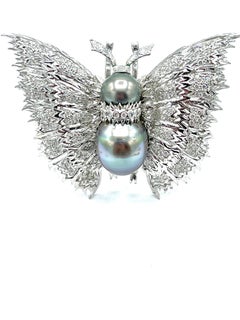 2.01 Carat Round Brilliant Diamond and Tahitian Pearl Butterfly Pendant Brooch