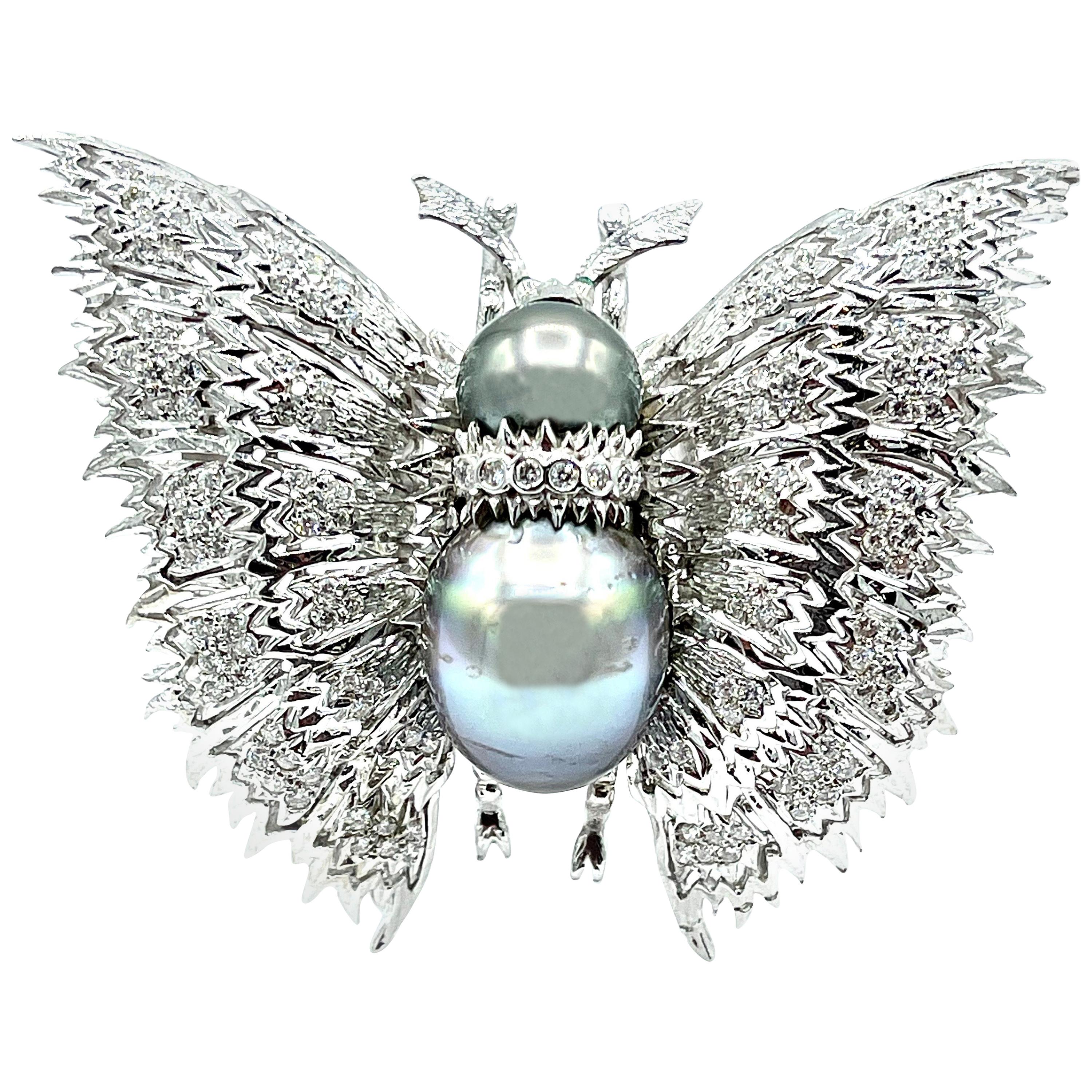 2,01 Karat runder Brillant Diamant und Tahiti-Perle Schmetterling Anhänger Brosche
