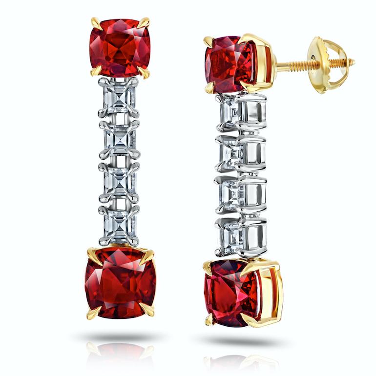 2.01 carats of cushion cut rubies and 0.43 carats of diamonds (square emerald cut E, VVS2-VS1) set in platinum with 18k yellow gold drop earrings.
