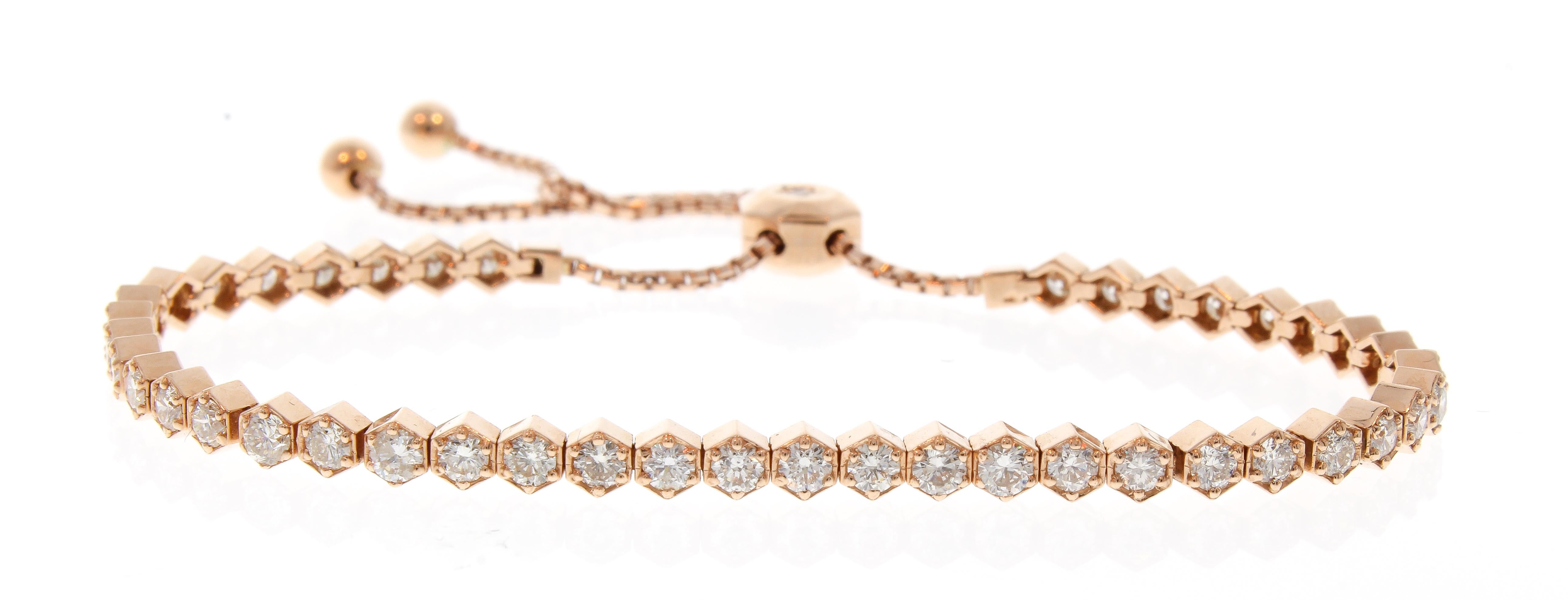 Contemporary 2.01 Carat Total Diamond Adjustable Bracelet in 14 Karat Rose Gold For Sale