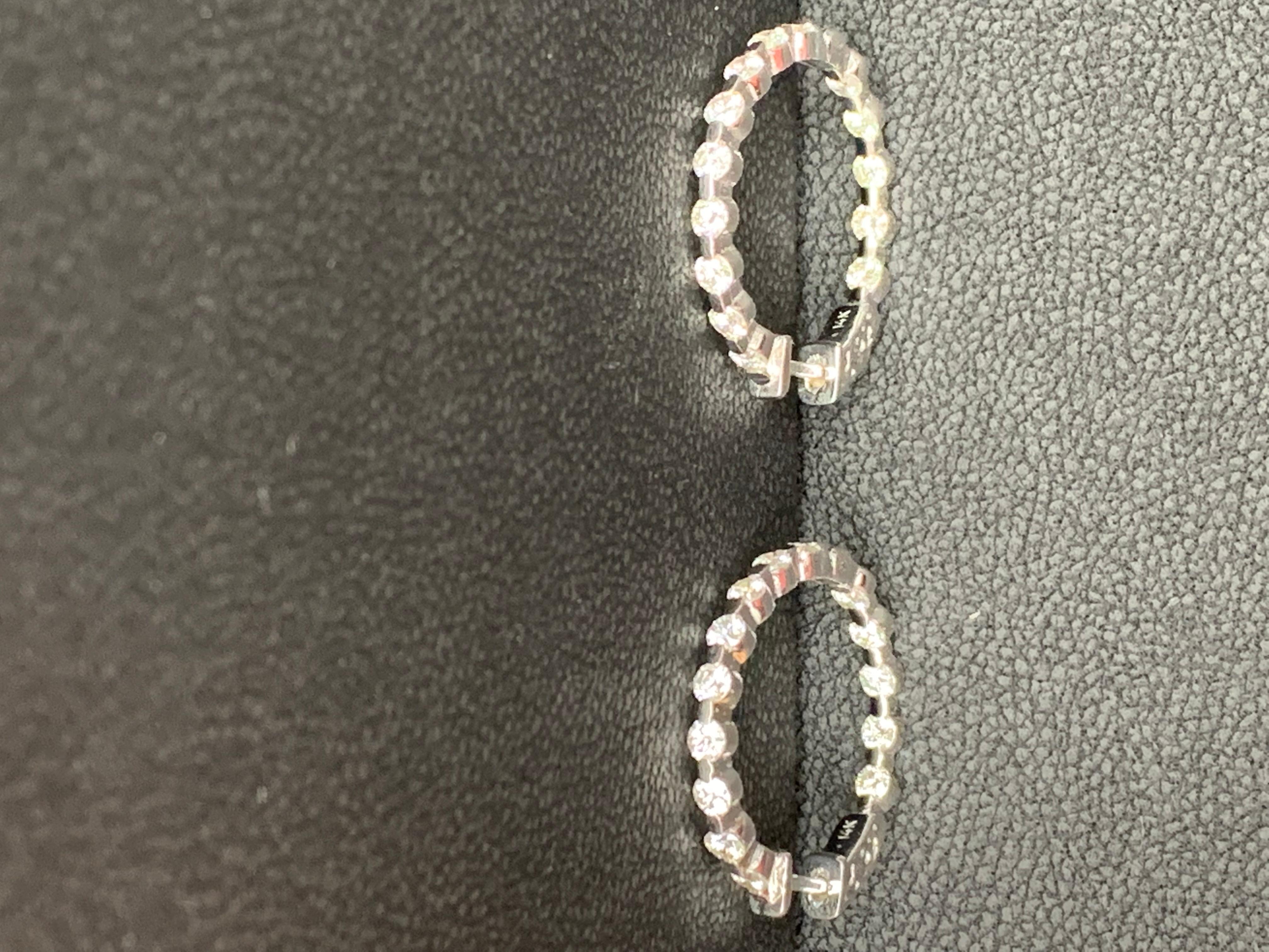 2.01 Carat Total Round Diamond Hoop Earrings in 14K White Gold For Sale 4