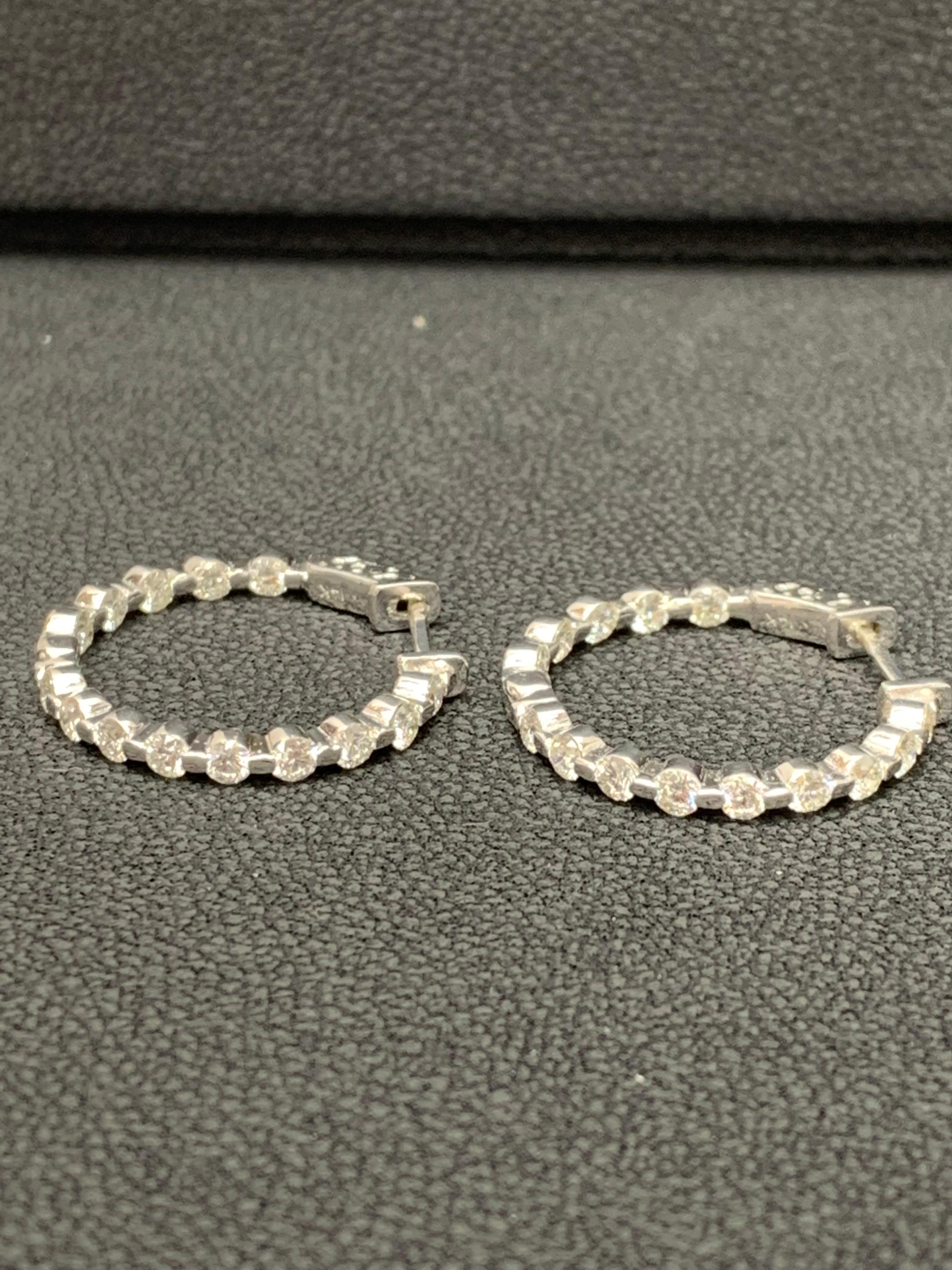 2.01 Carat Total Round Diamond Hoop Earrings in 14K White Gold For Sale 6