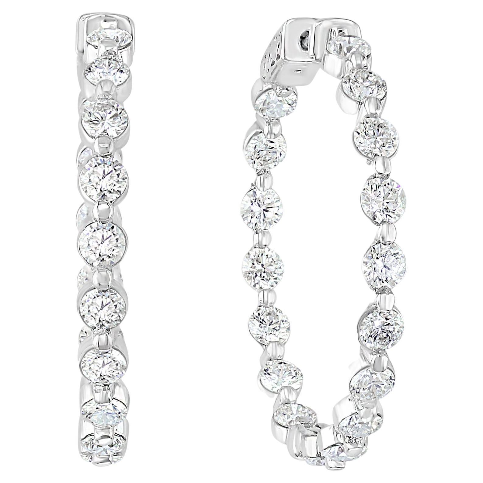 2.01 Carat Total Round Diamond Hoop Earrings in 14K White Gold For Sale