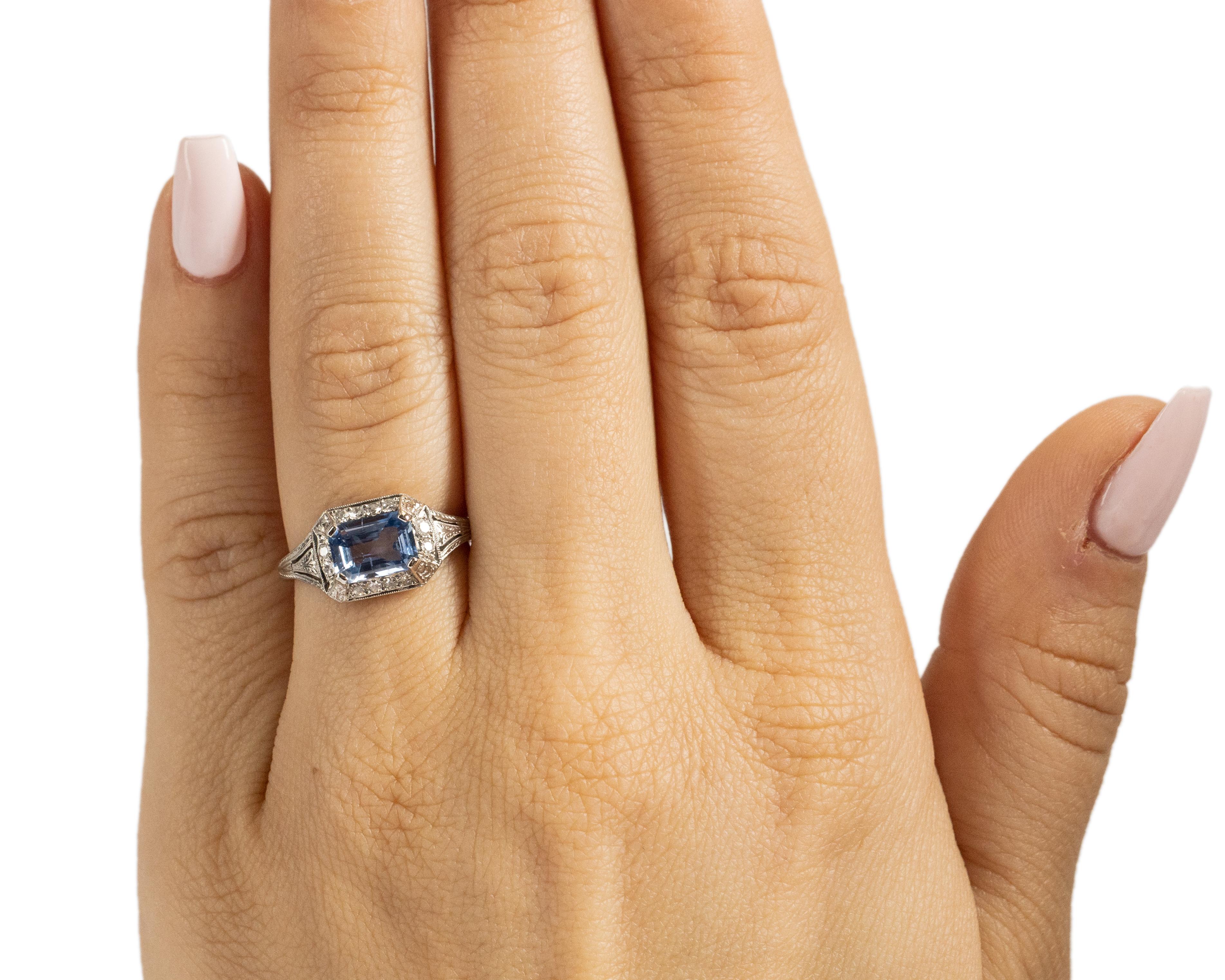 Emerald Cut 2.01 Carat Total Weight Art Deco Diamond Sapphire Platinum Engagement Ring For Sale