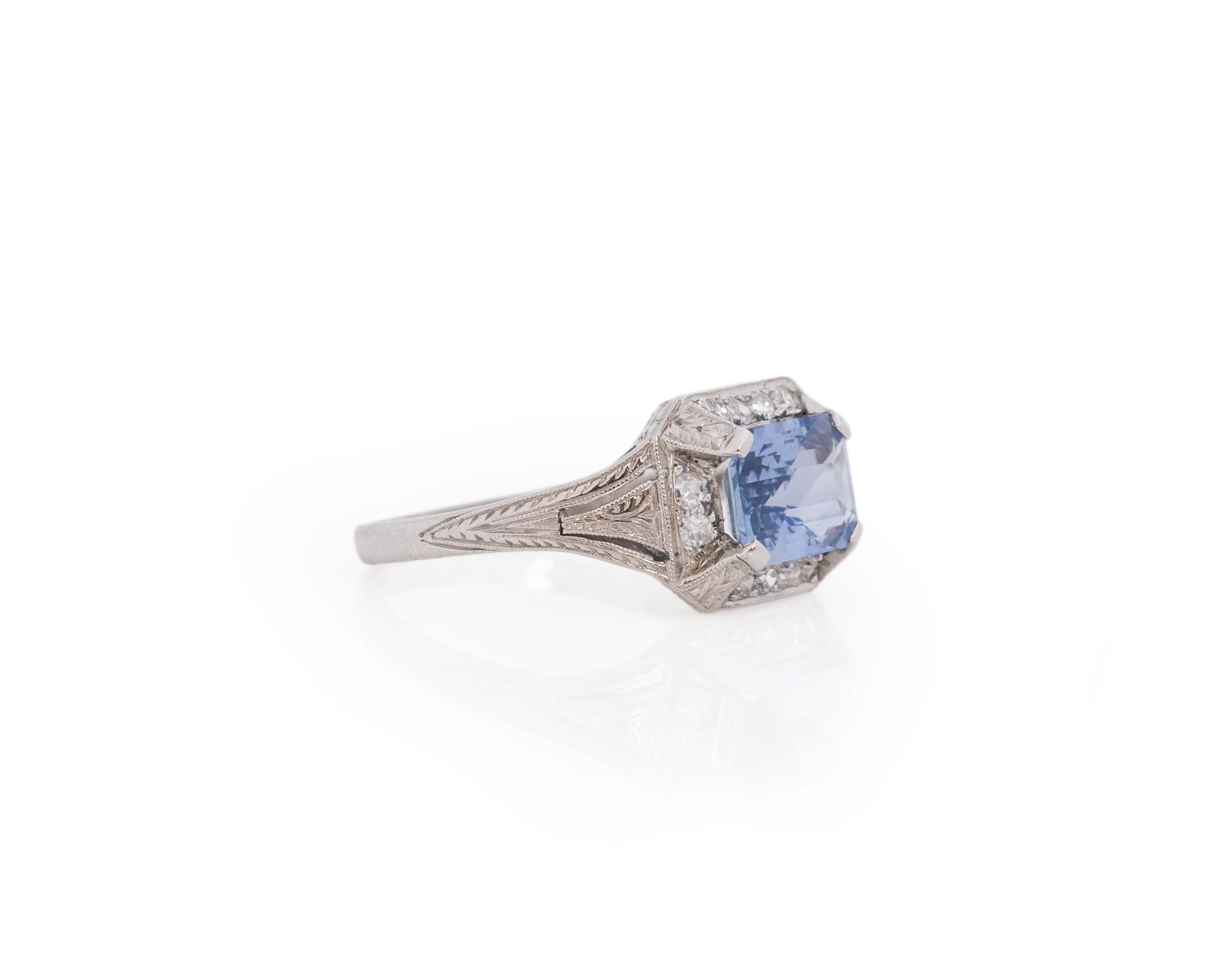 2.01 Carat Total Weight Art Deco Diamond Sapphire Platinum Engagement Ring For Sale 2