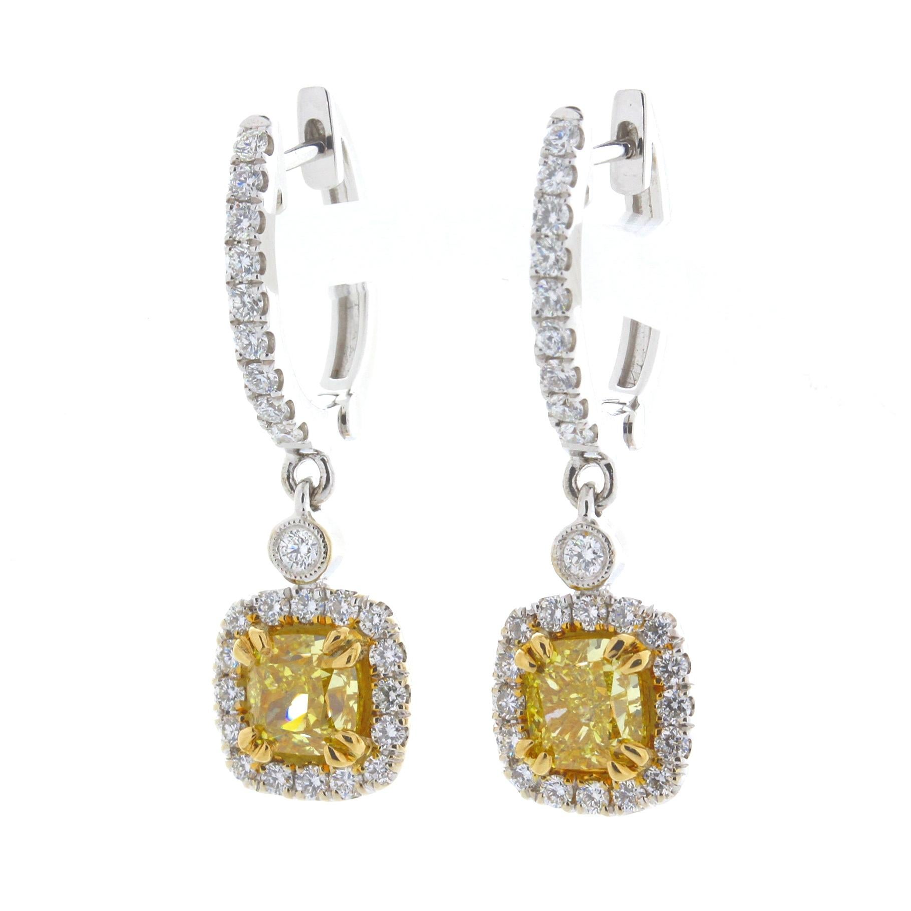 Contemporary 2.01 Carat Total Weight Cushion Natural Fancy Vivid Yellow Diamond 18K Earrings For Sale