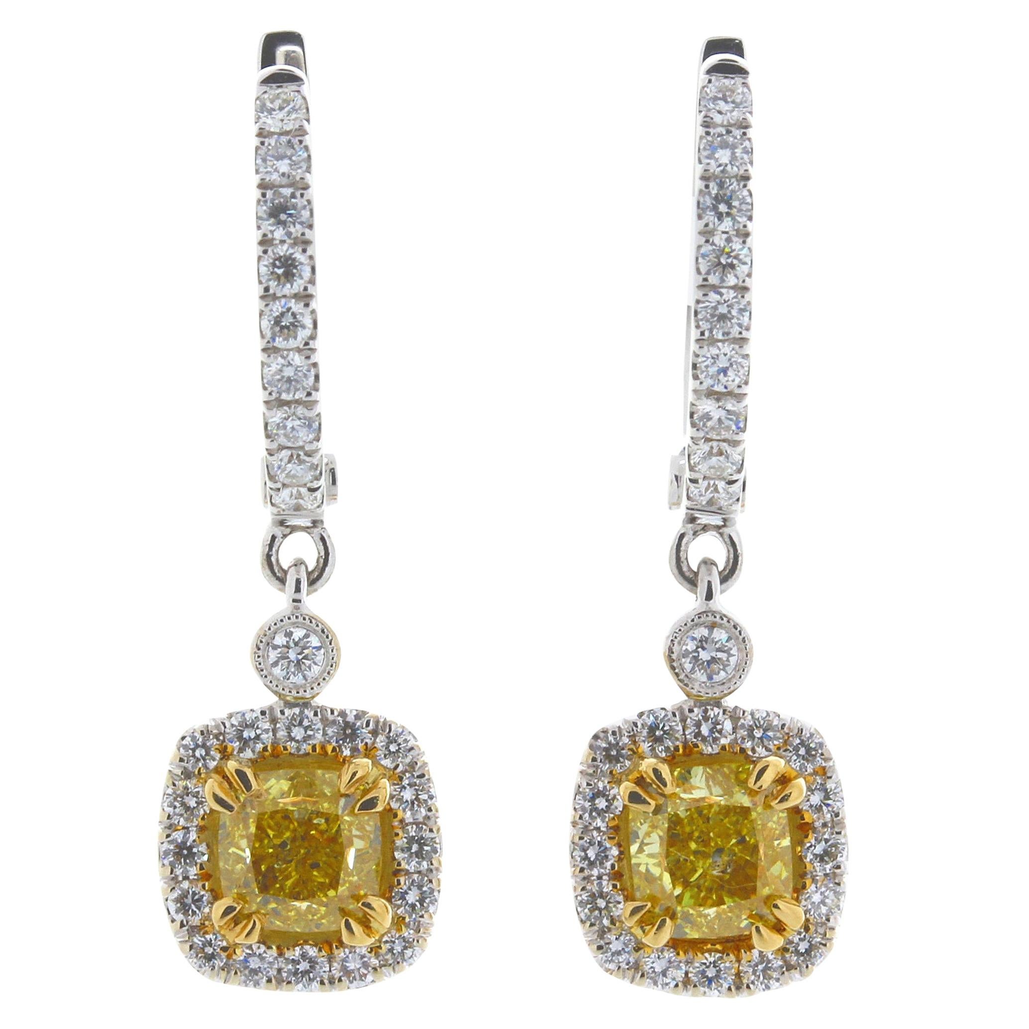 2.01 Carat Total Weight Cushion Natural Fancy Vivid Yellow Diamond 18K Earrings For Sale