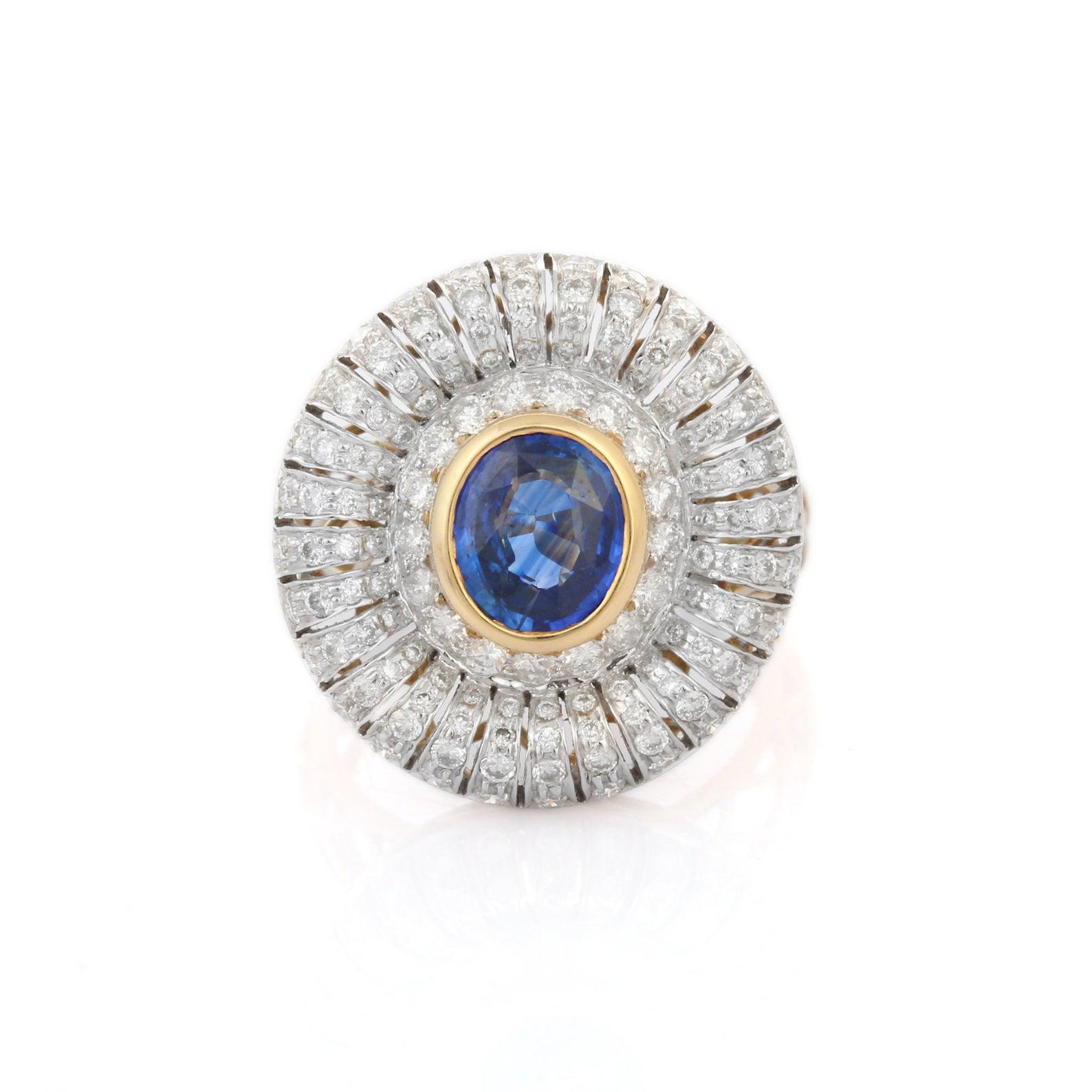 Modern 2.01 Carats Blue Sapphire Diamond 14 Karat Gold Ring For Sale