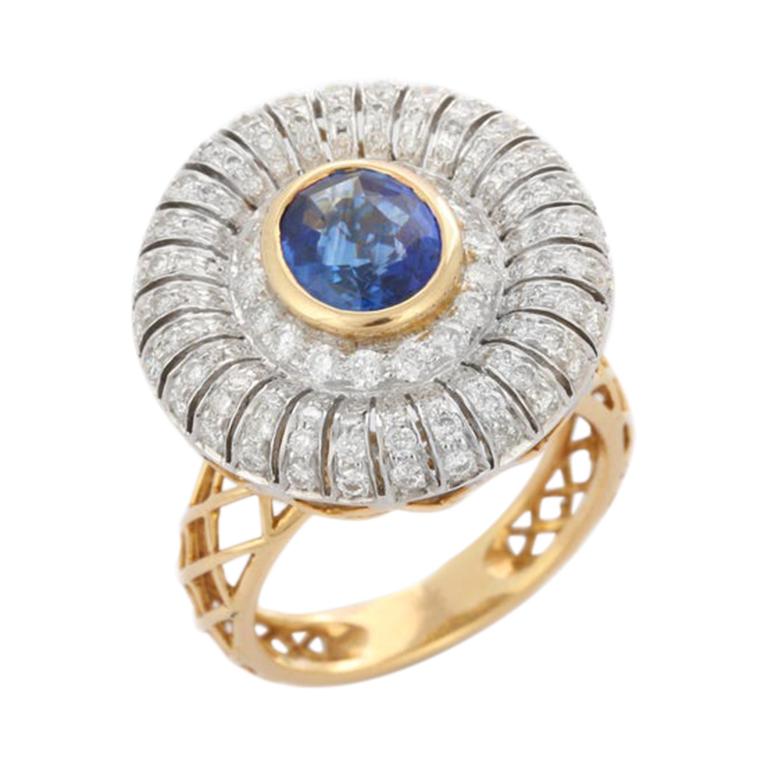 2.01 Carats Blue Sapphire Diamond 14 Karat Gold Ring For Sale