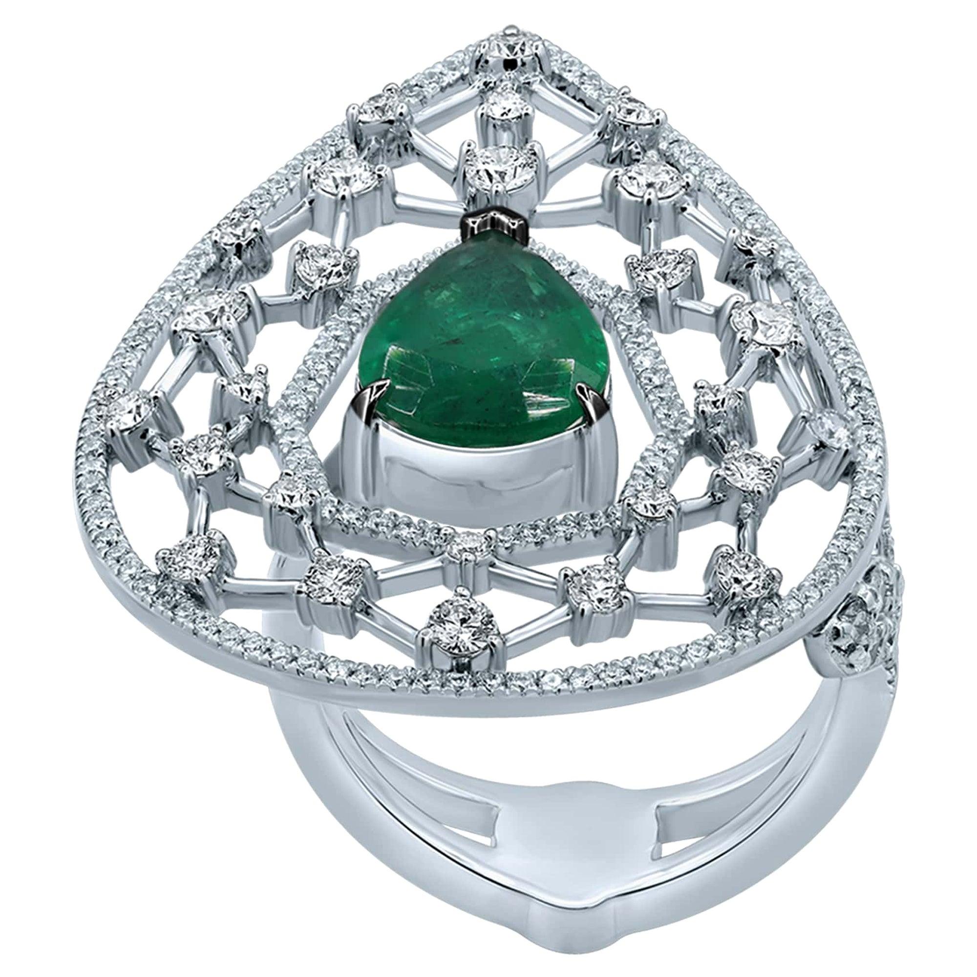 2.01 Carats Emerald Diamond 14 Karat White Gold Galaxy Ring