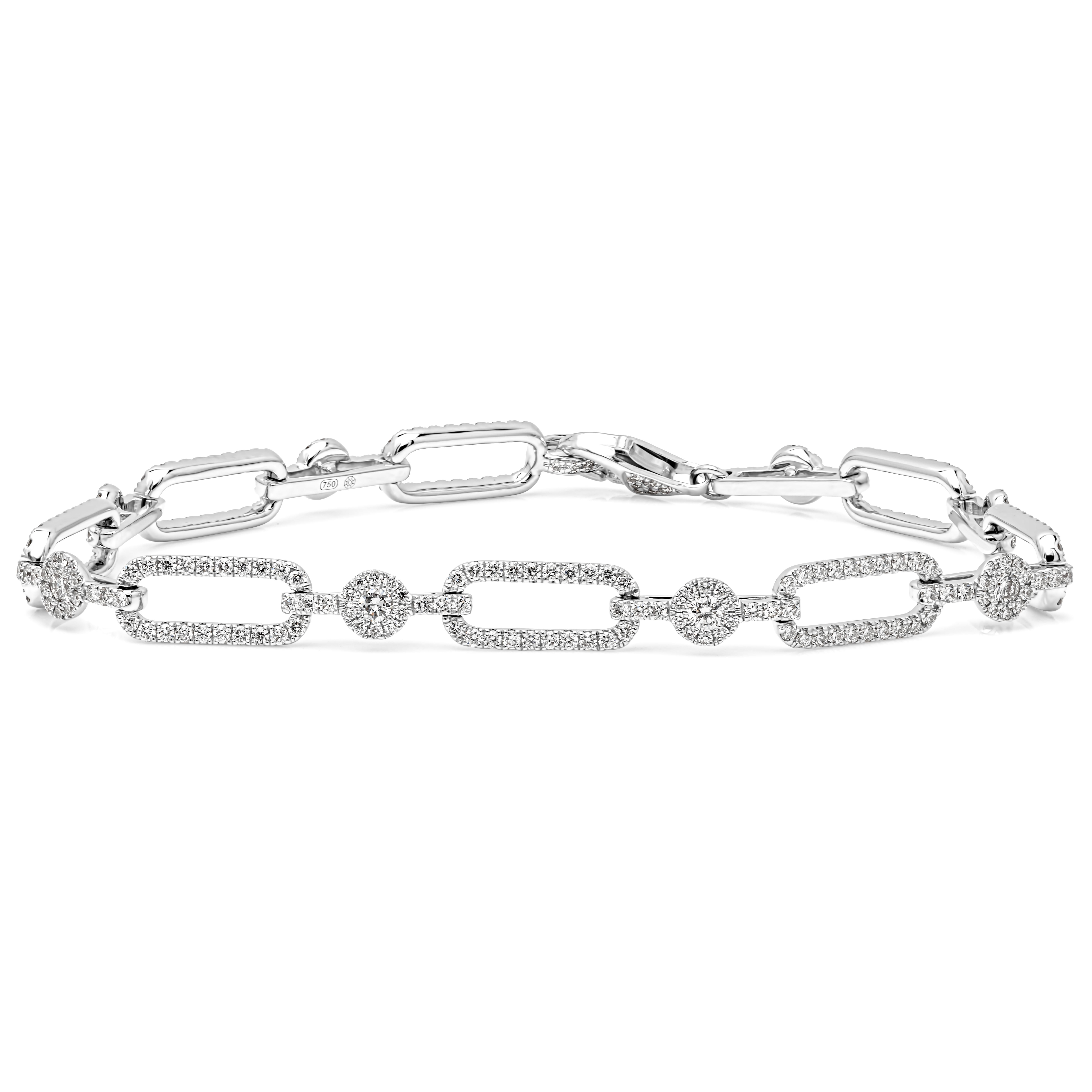 Accentuate style with this simple and versatile 18k white gold chain bracelet showcasing each link is elegantly set with dazzling round diamonds and attached to diamonds halo accented with more round melee diamonds, set in an open-work link design .