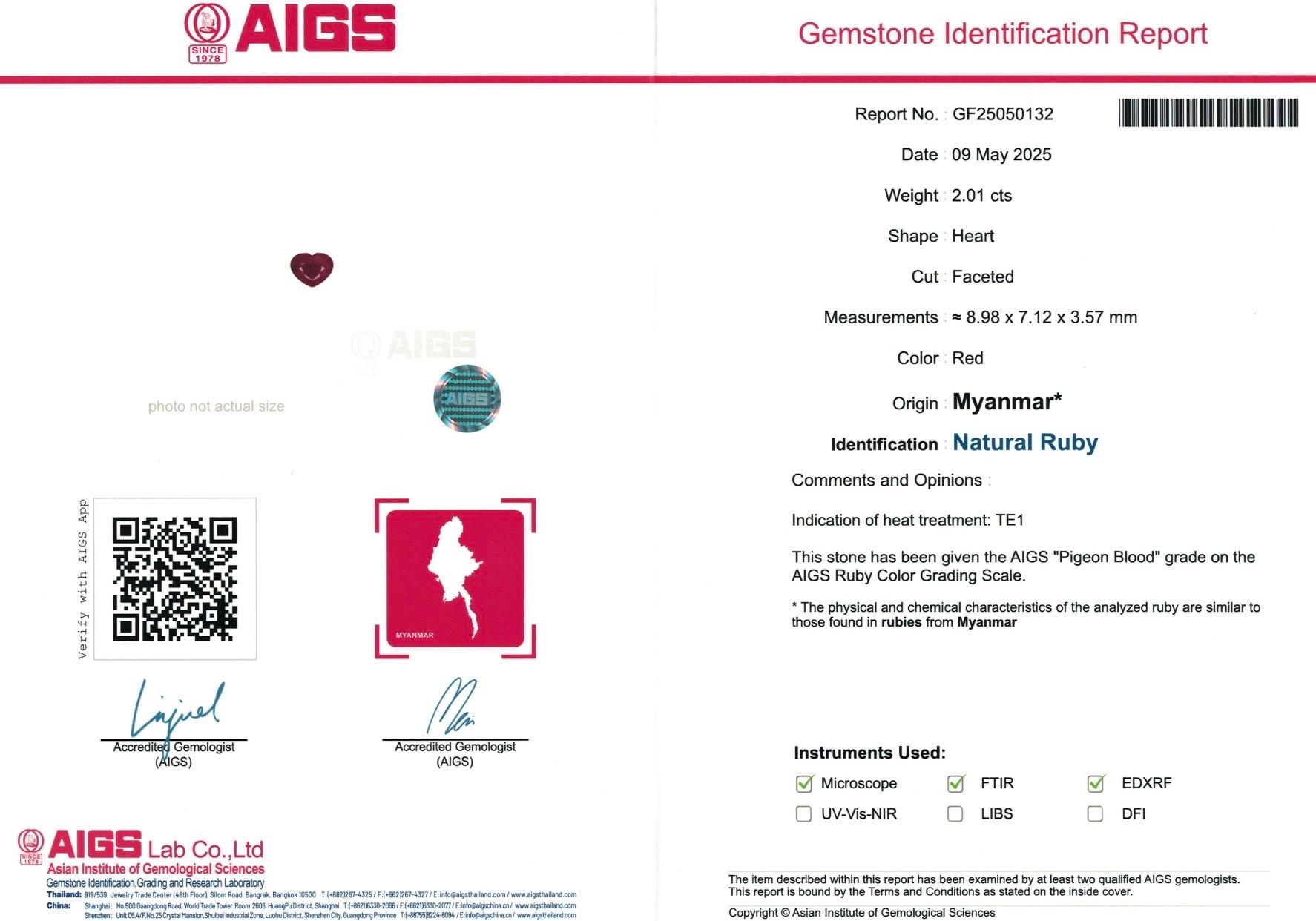 Couleur sang de pigeon en rubis naturel de Birmanie certifié AIGS de 2,01 ct Unisexe en vente