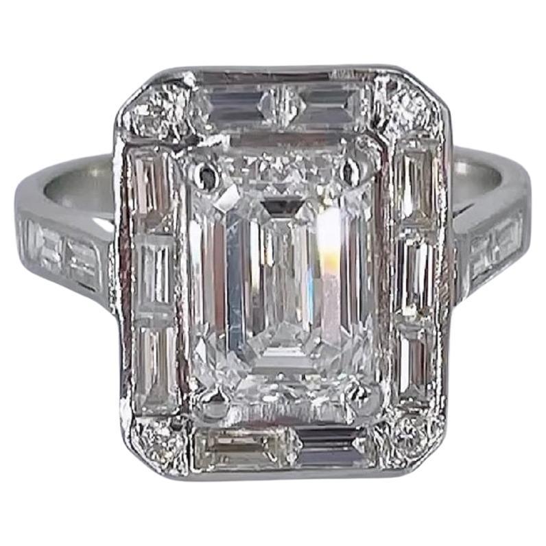 2.01 ct Emerald Cut Diamond Art Deco Style Engagement Ring with Baguette Halo For Sale