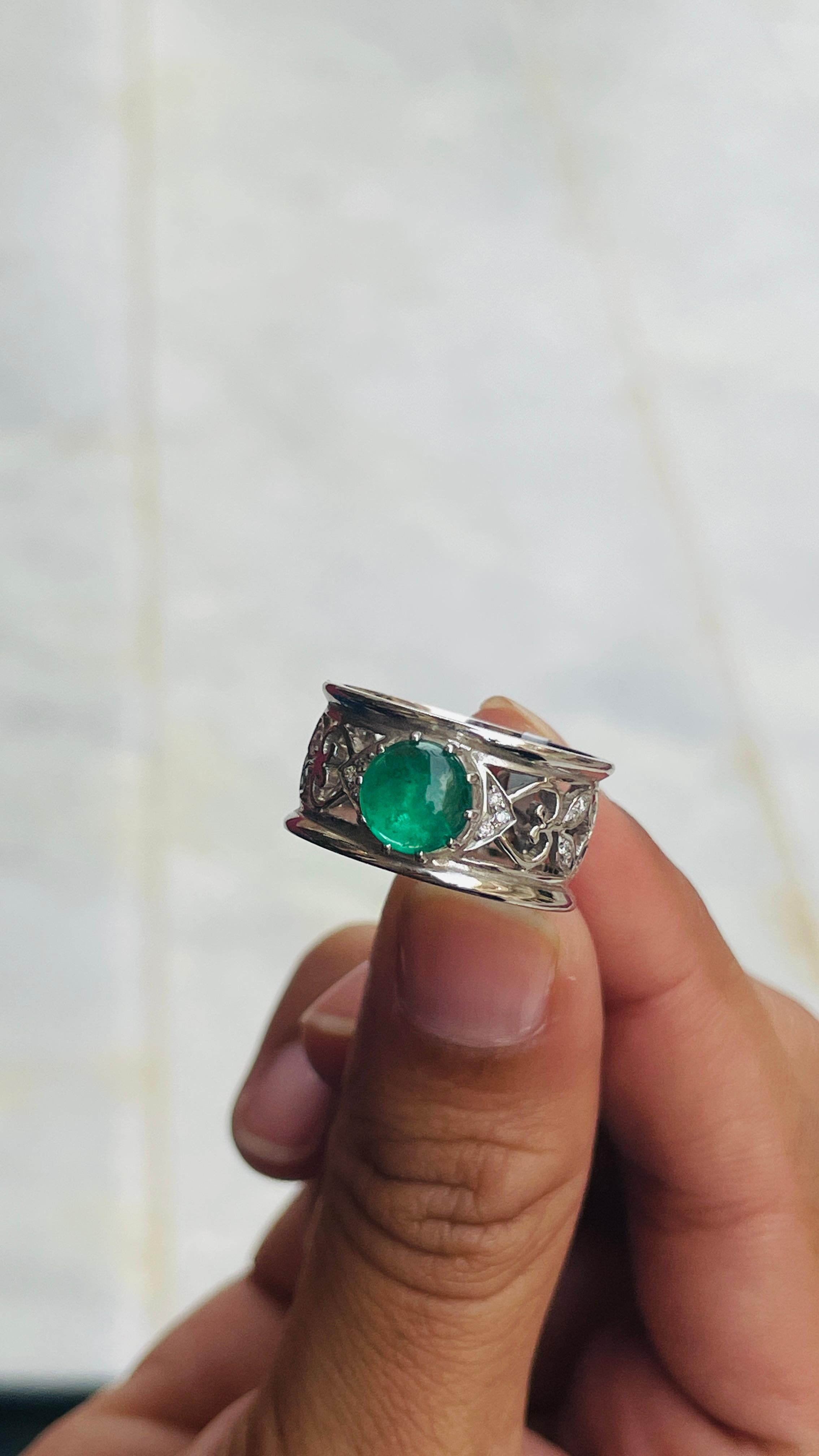 For Sale:  Emerald Diamond Filigree Band Ring in 18k Solid White Gold 14