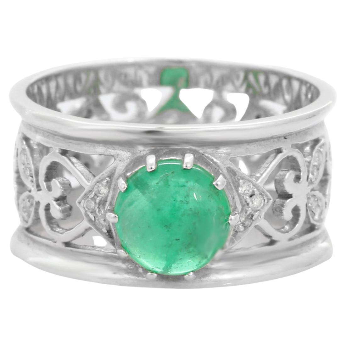 For Sale:  Emerald Diamond Filigree Band Ring in 18k Solid White Gold 3