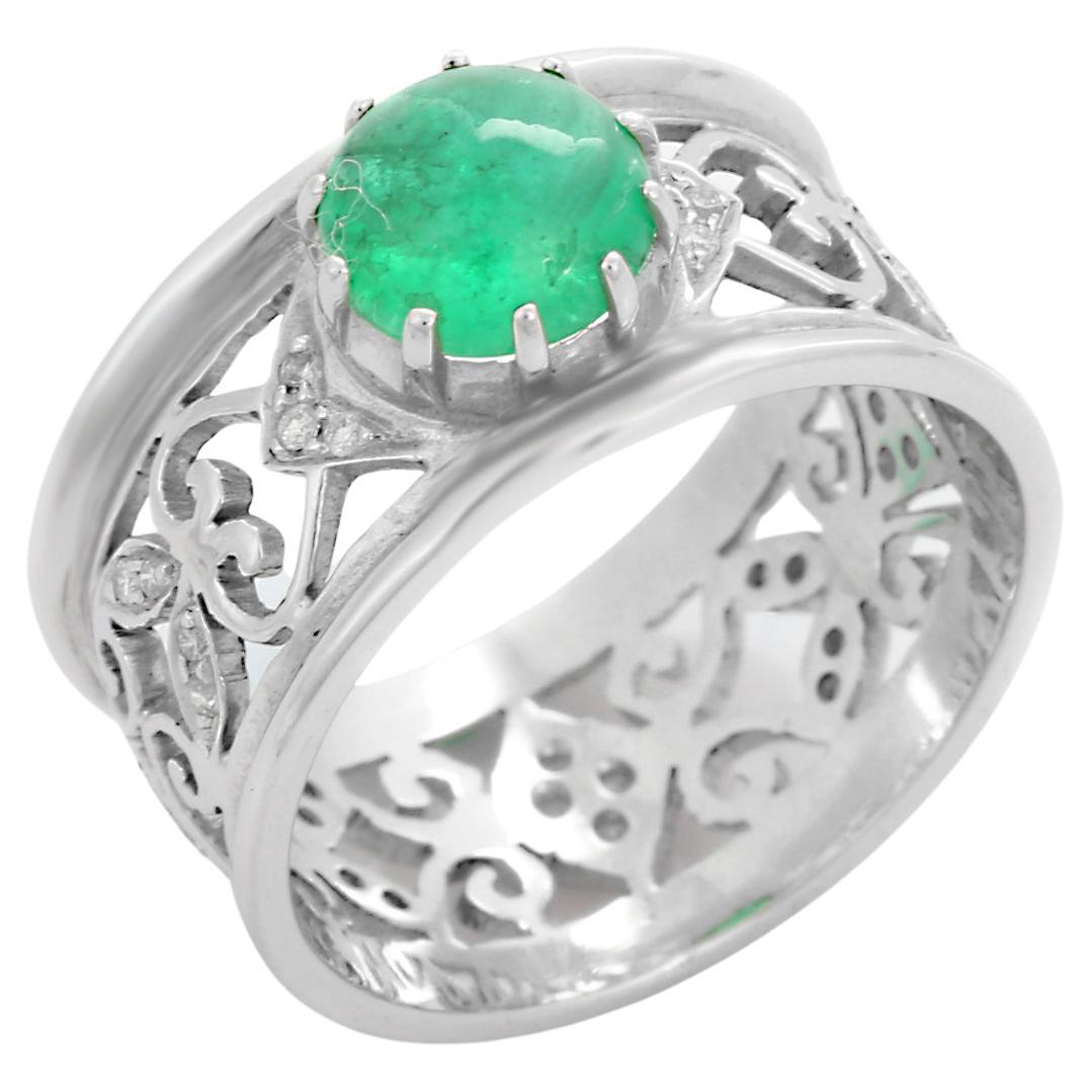For Sale:  Emerald Diamond Filigree Band Ring in 18k Solid White Gold