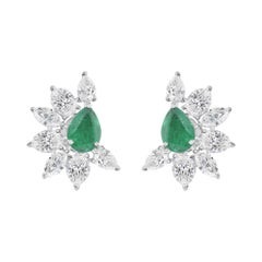 2.01 ct Natural Pear Emerald and Diamond Asymmetric Fan Earrings, 18K White Gold
