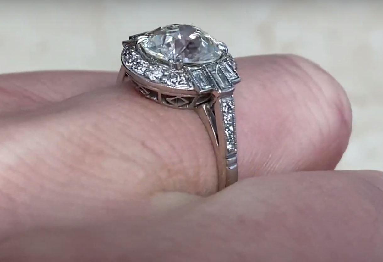 Women's 2.01 Old Euro-Cut Diamond Engagement Ring, Diamond Halo, Platinum