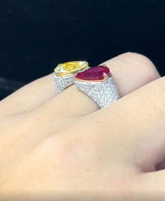 2.01ct Natural Ruby and 1.43ct Yellow Diamond Toi et Moi Ring in 18K White Gold