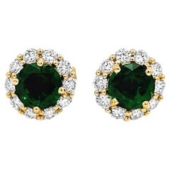 2.01 Total Carat Weight Round Emeralds & Diamonds Stud Earrings in 18K Gold