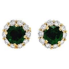 2.01 Total Carat Weight Round Emeralds 
Diamonds Stud Earrings in 18K Gold