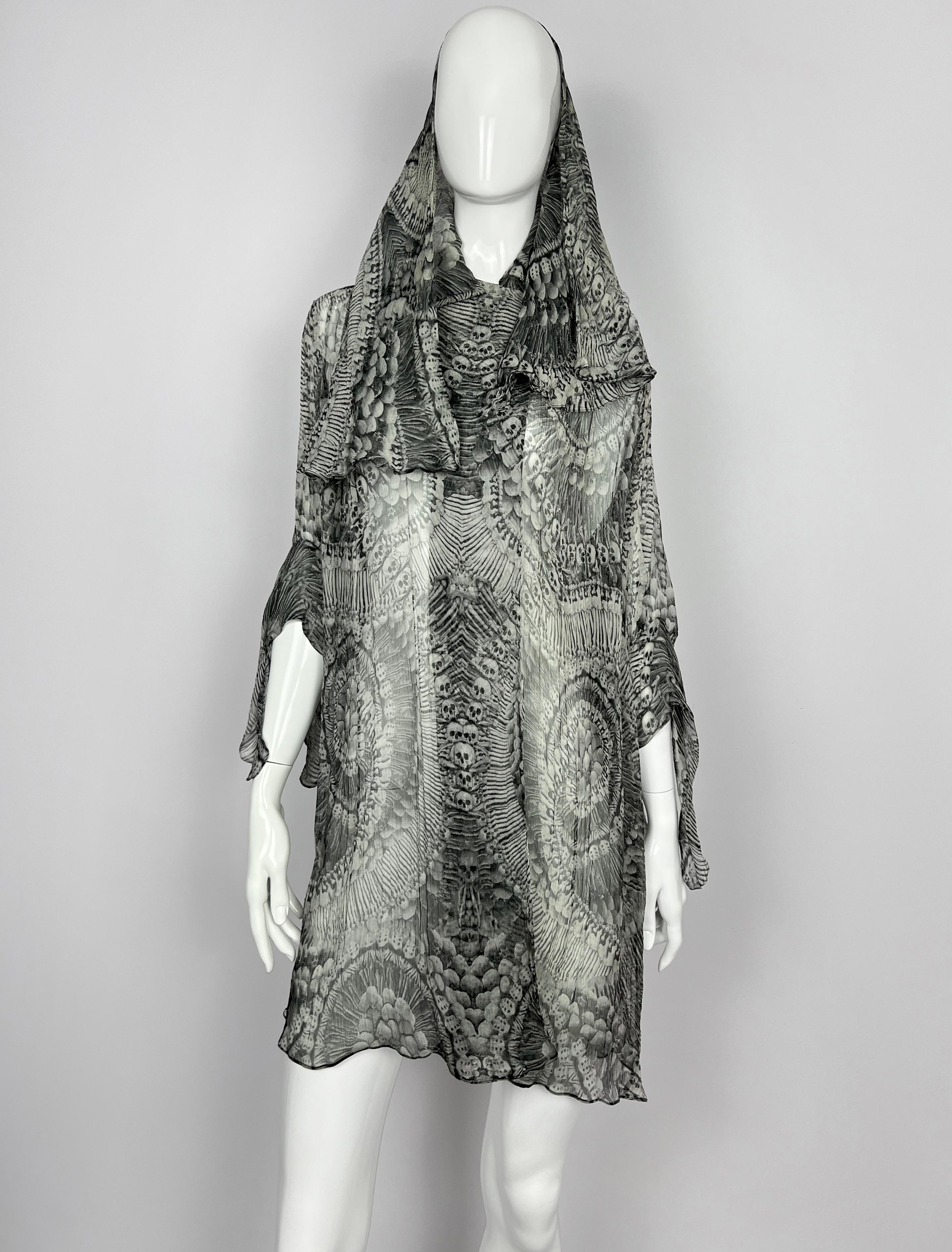 Gray 2010 Alexander McQueen Catacombs Skull-Printed Silk Tunic with Attached Scarf For Sale