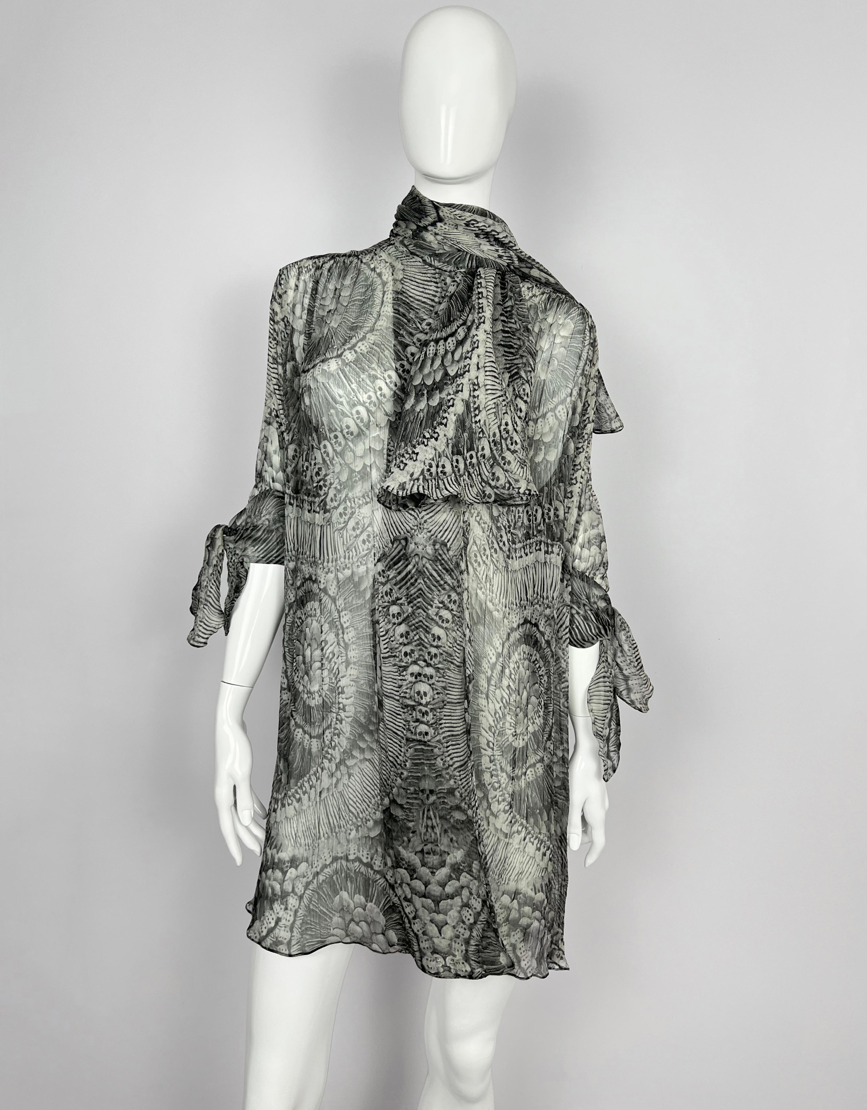 2010 Alexander McQueen Catacombs Skull-Printed Silk Tunic with Attached Scarf For Sale 1