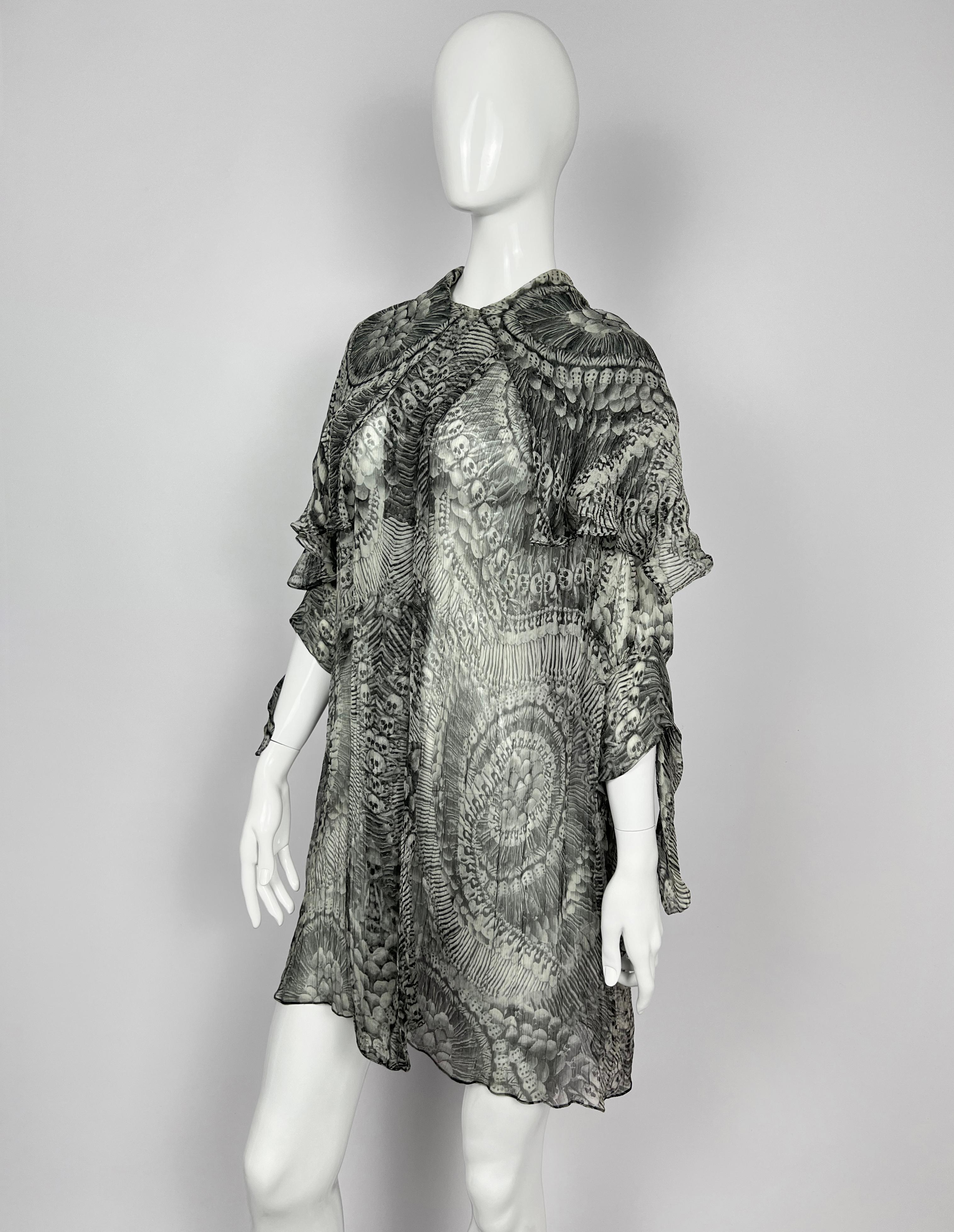 2010 Alexander McQueen Catacombs Skull-Printed Silk Tunic with Attached Scarf For Sale 2