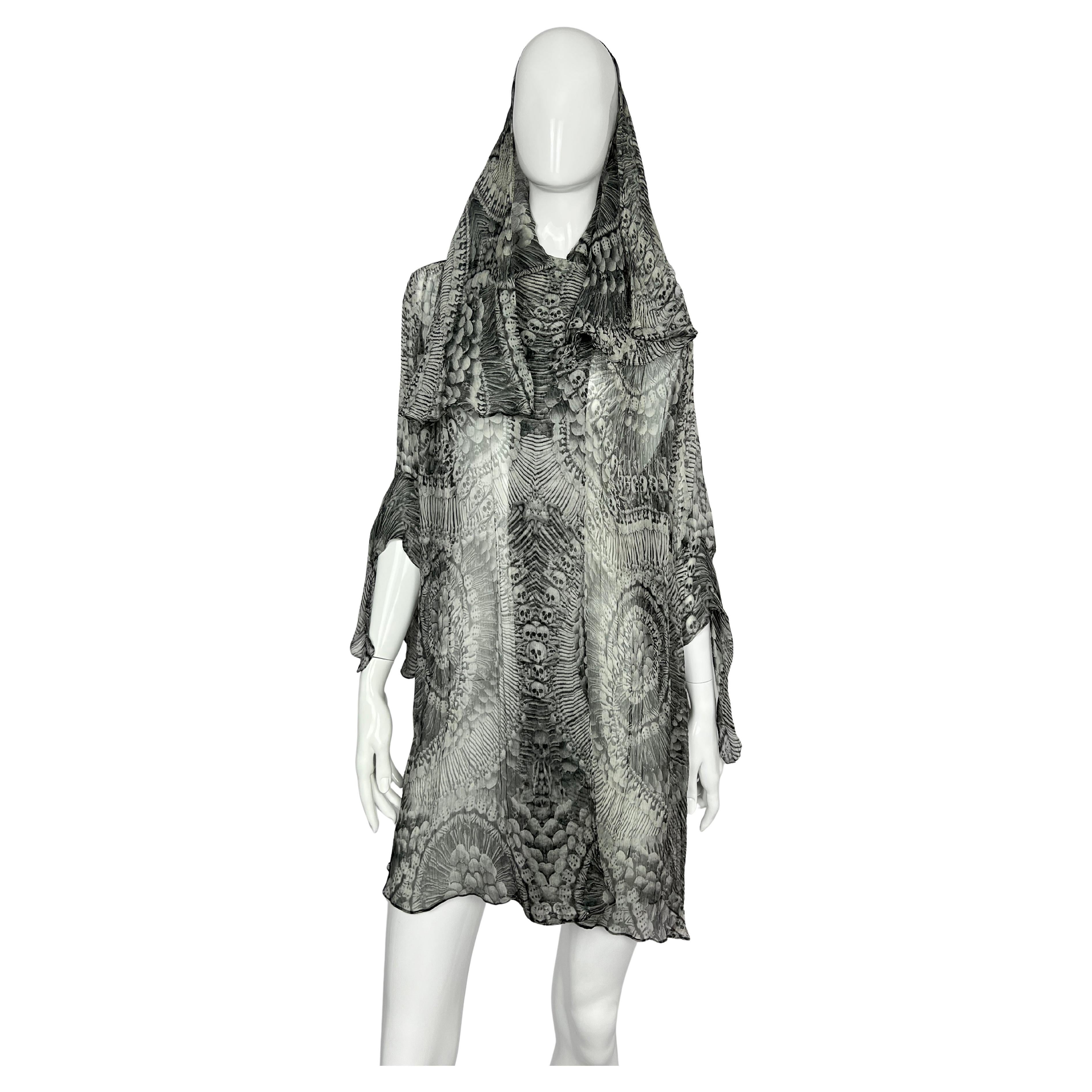 2010 Alexander McQueen Catacombs Skull-Printed Silk Tunic with Attached Scarf For Sale