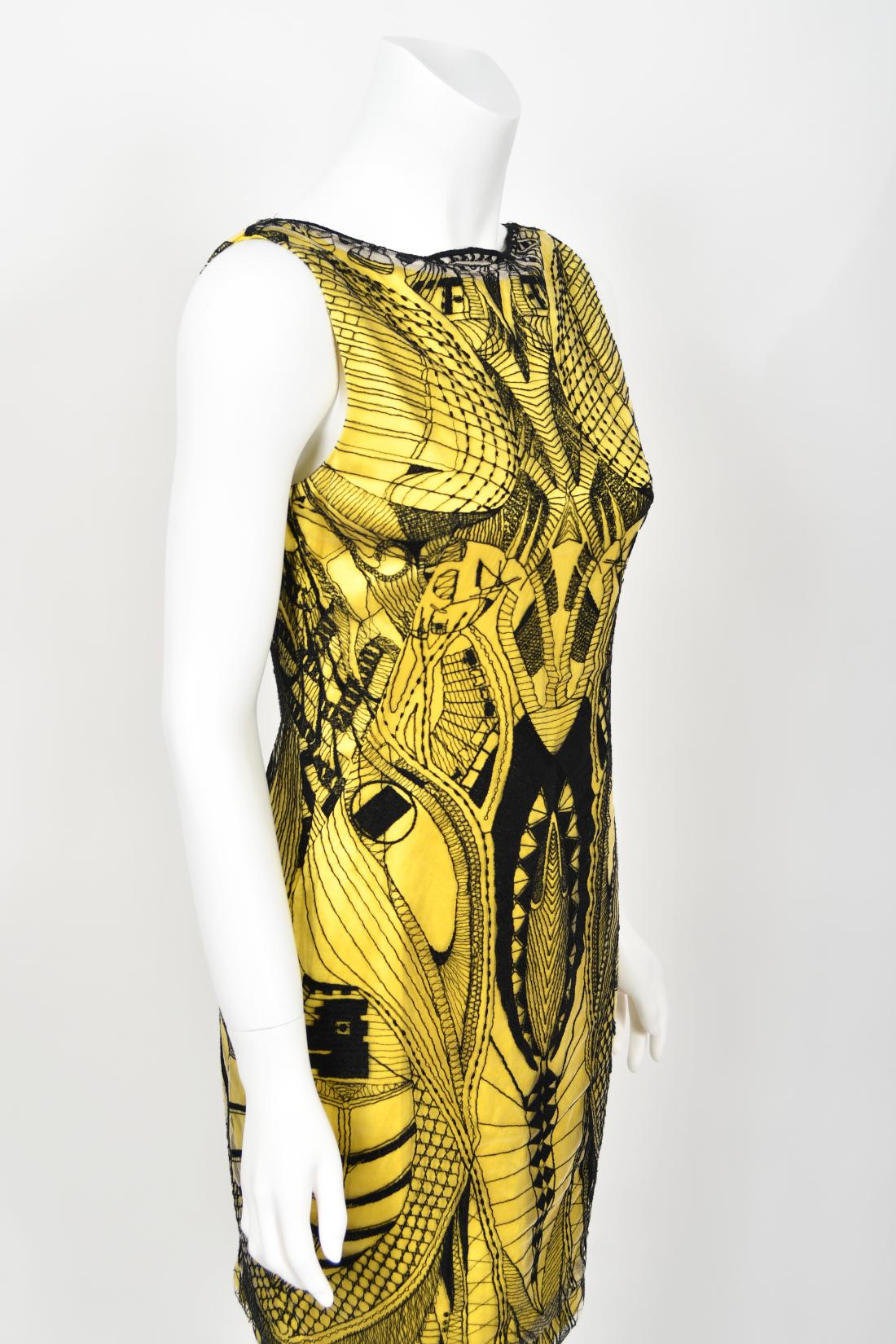 2010 Alexander McQueen Documented Insect Embroidered Net-Lace Yellow Mini Dress For Sale 8