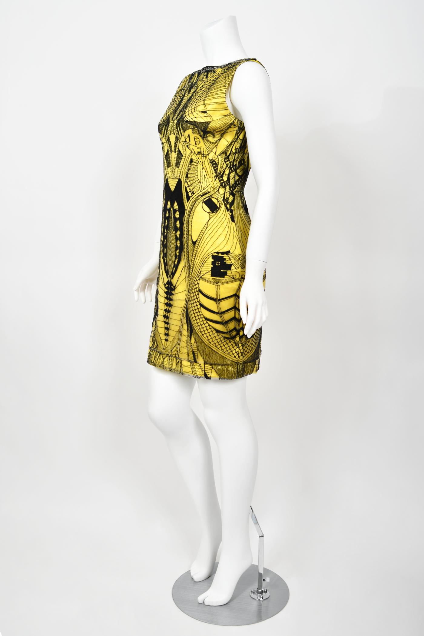 2010 Alexander McQueen Documented Insect Embroidered Net-Lace Yellow Mini Dress For Sale 9