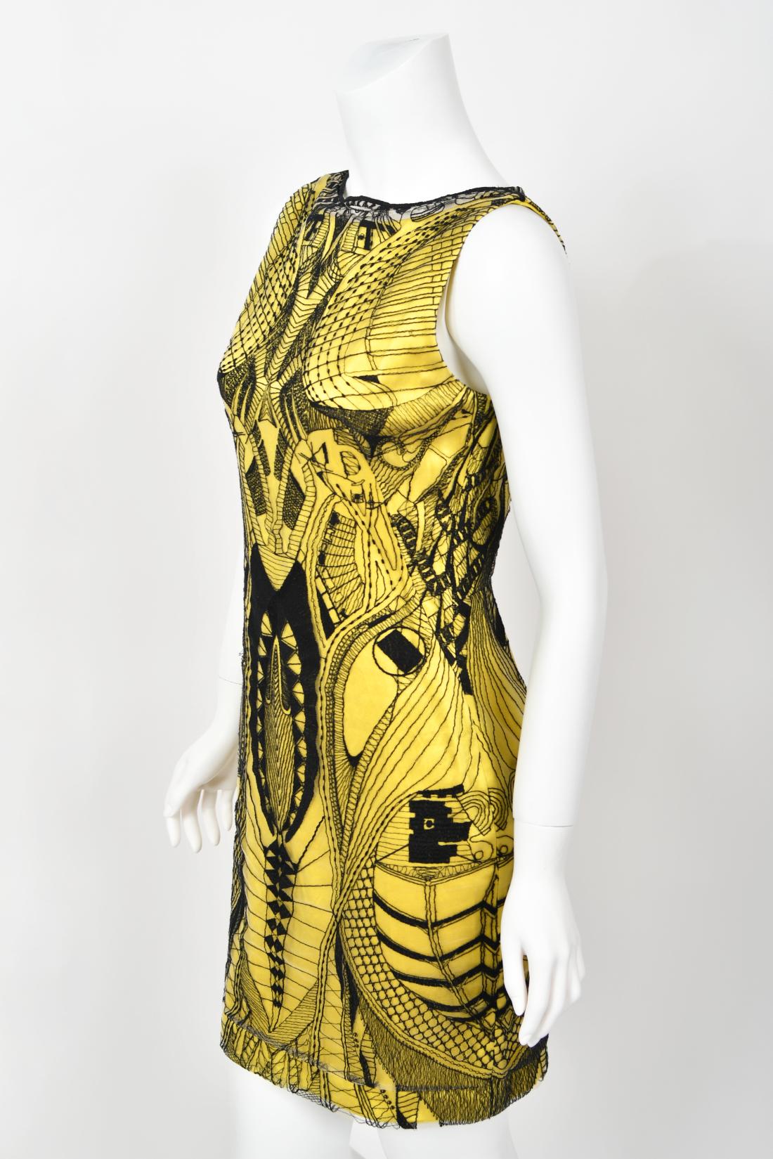 2010 Alexander McQueen Documented Insect Embroidered Net-Lace Yellow Mini Dress For Sale 10
