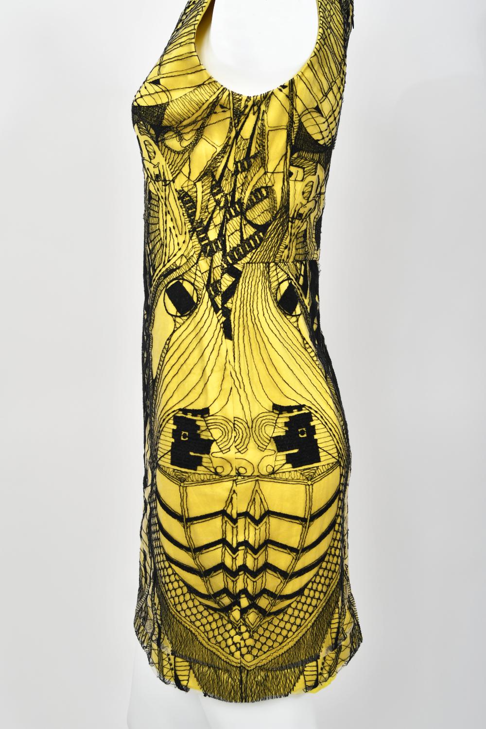 2010 Alexander McQueen Documented Insect Embroidered Net-Lace Yellow Mini Dress For Sale 11