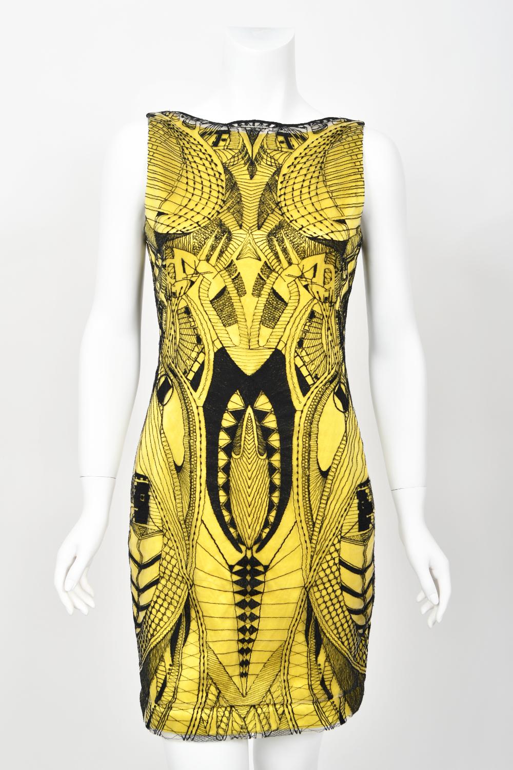 2010 Alexander McQueen Documented Insect Embroidered Net-Lace Yellow Mini Dress For Sale 4