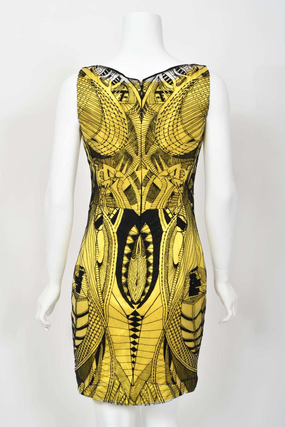 2010 Alexander McQueen Documented Insect Embroidered Net-Lace Yellow Mini Dress For Sale 12