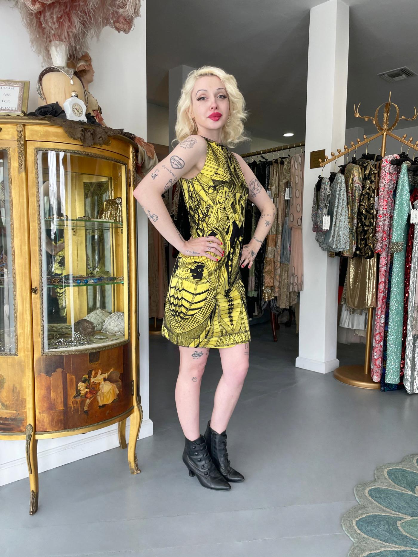 Women's 2010 Alexander McQueen Documented Insect Embroidered Net-Lace Yellow Mini Dress For Sale