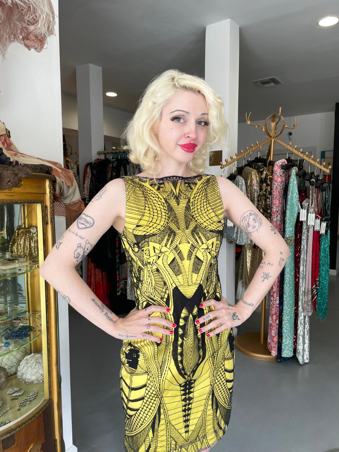 2010 Alexander McQueen Documented Insect Embroidered Net-Lace Yellow Mini Dress For Sale 1
