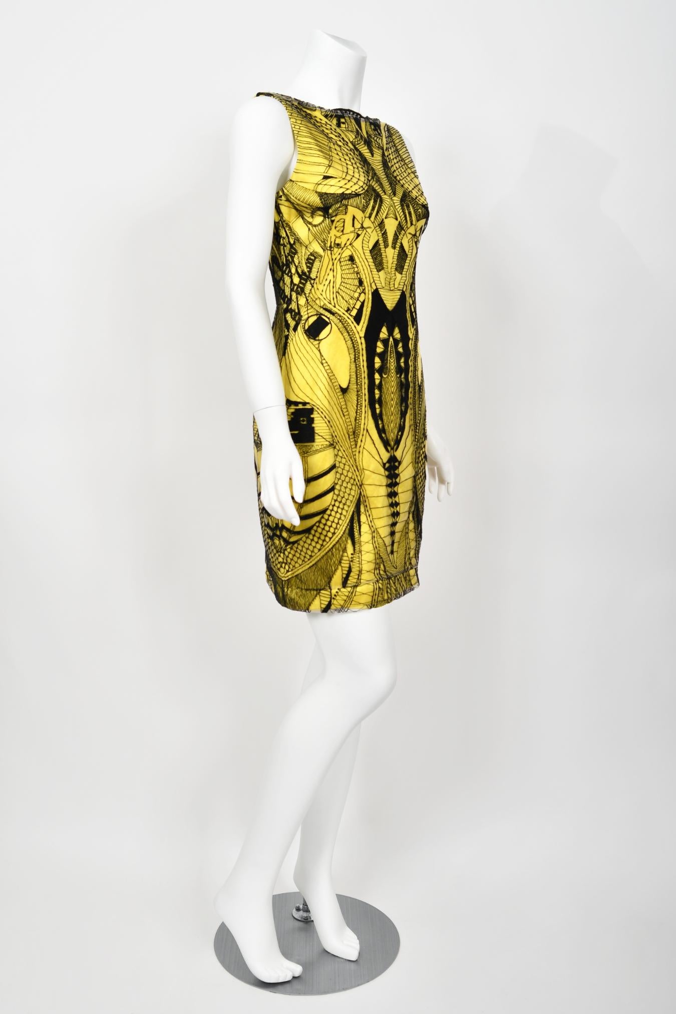 2010 Alexander McQueen Documented Insect Embroidered Net-Lace Yellow Mini Dress For Sale 7