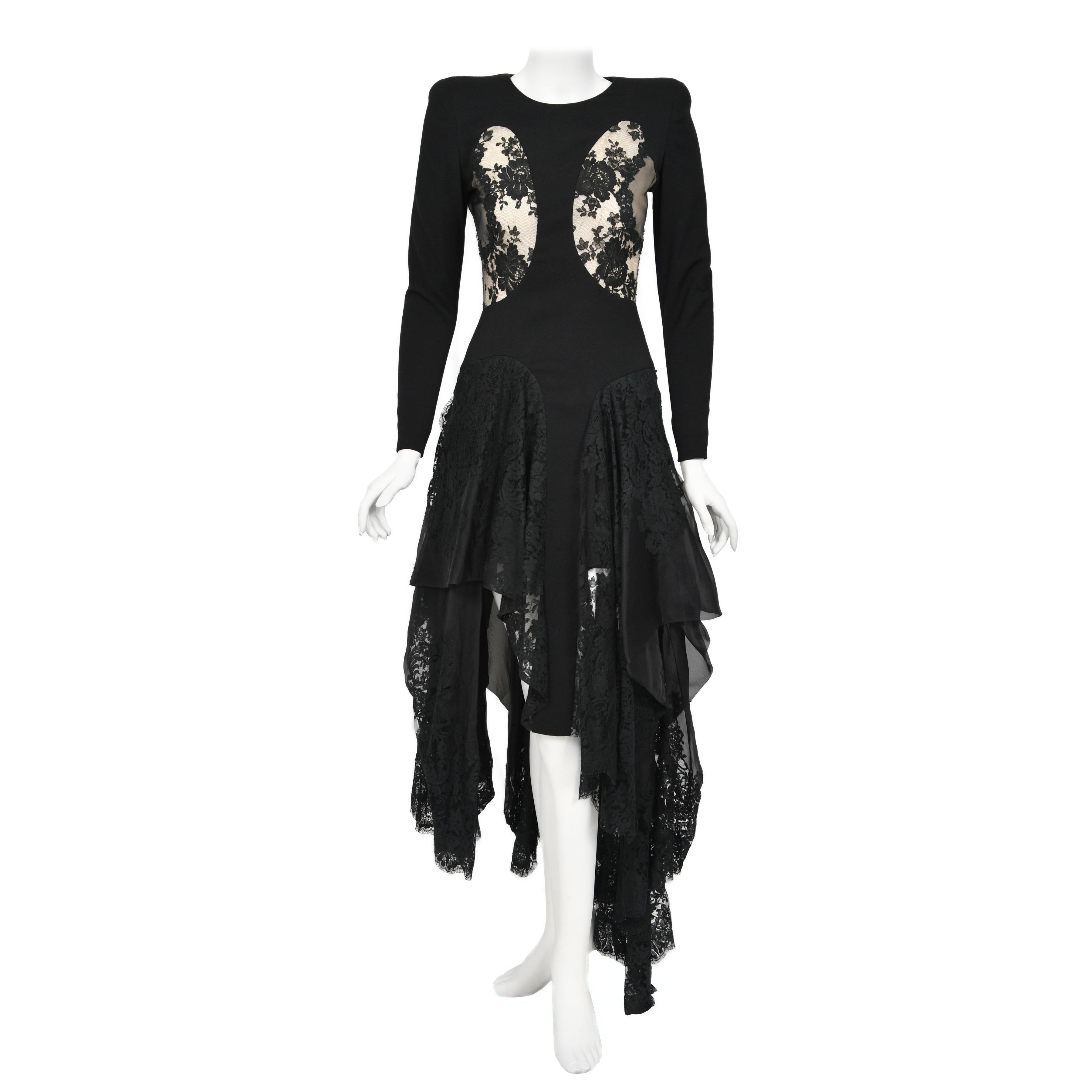 2010 Alexander McQueen Lifetime Black Crepe 
Sheer Illusion Lace High-Low Gown For Sale