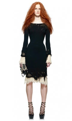 2010 Alexander McQueen Runway Black & Nude Wool Silk Distressed Knit Dress