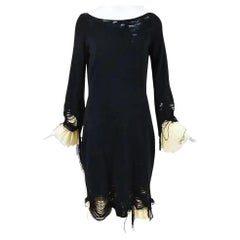 2010 Alexander McQueen Runway Black & Nude Wool Silk Distressed Knit Dress