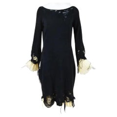 2010 Alexander McQueen Runway Black & Nude Wool Silk Distressed Knit Dress 