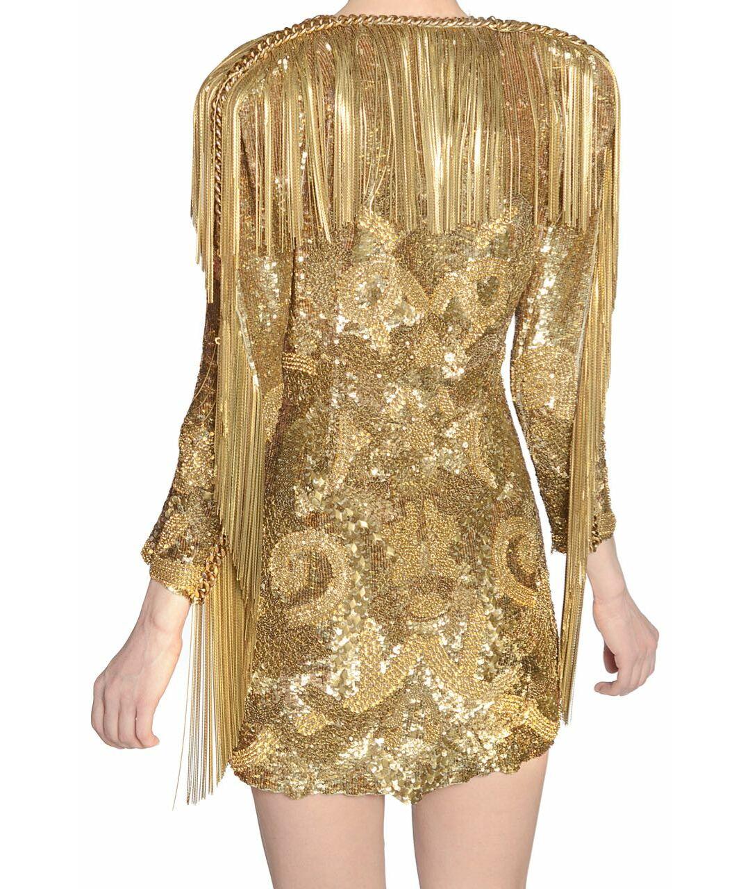 2010 Balmain Perlenbesetztes und mit Fransen besetztes Goldkleid von Celebrity Closet im Angebot 1